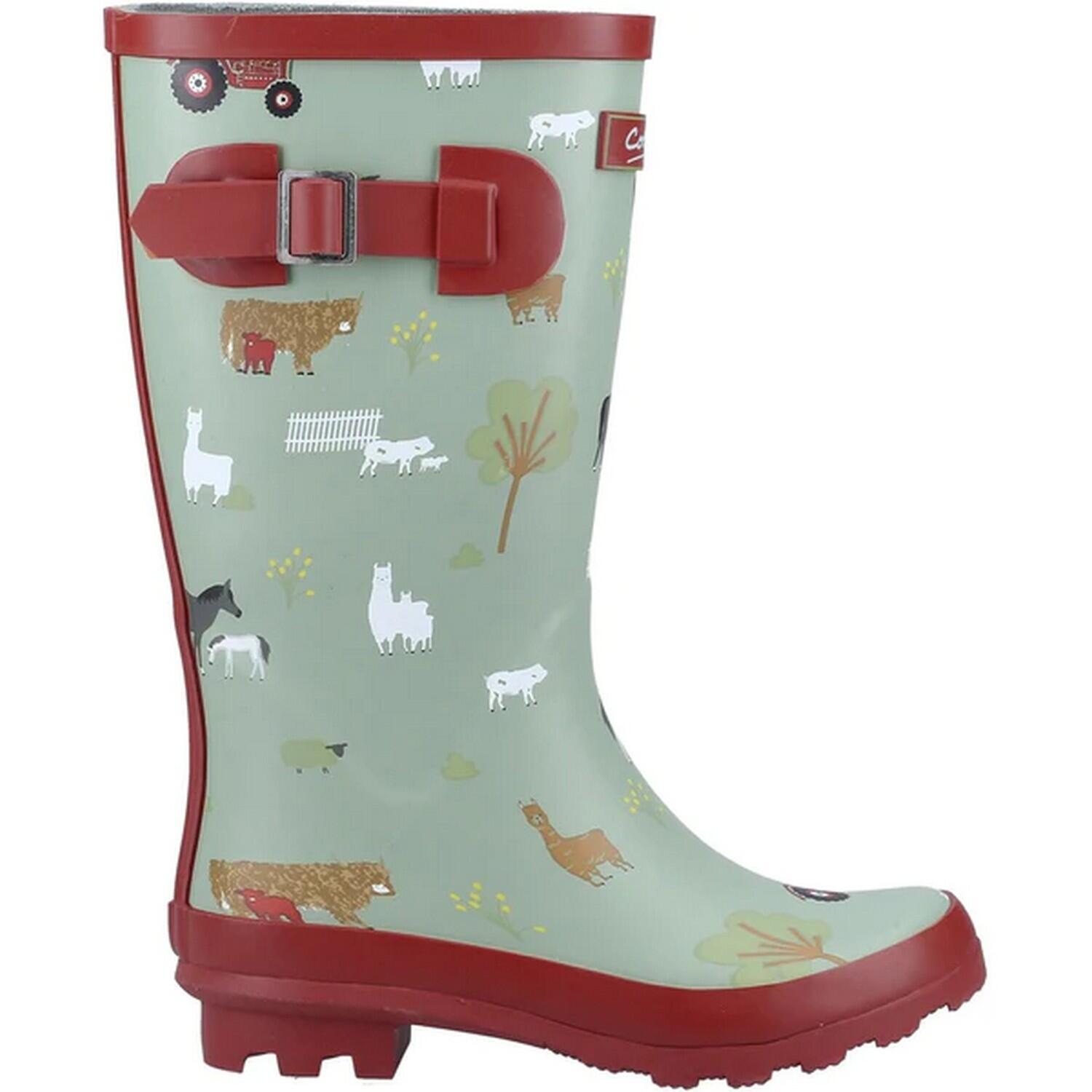 Childrens/Kids Farmyard Wellington Boots (Khaki Green/Red) 3/5