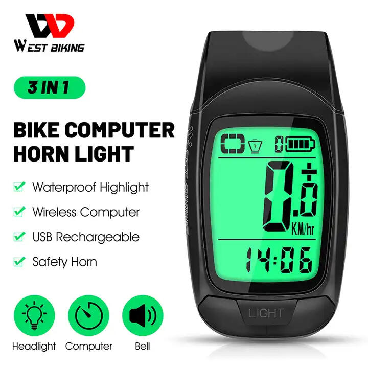 Ciclocomputer digital bicicleta wireless 3 in 1, 12 functii, far, claxon, USB