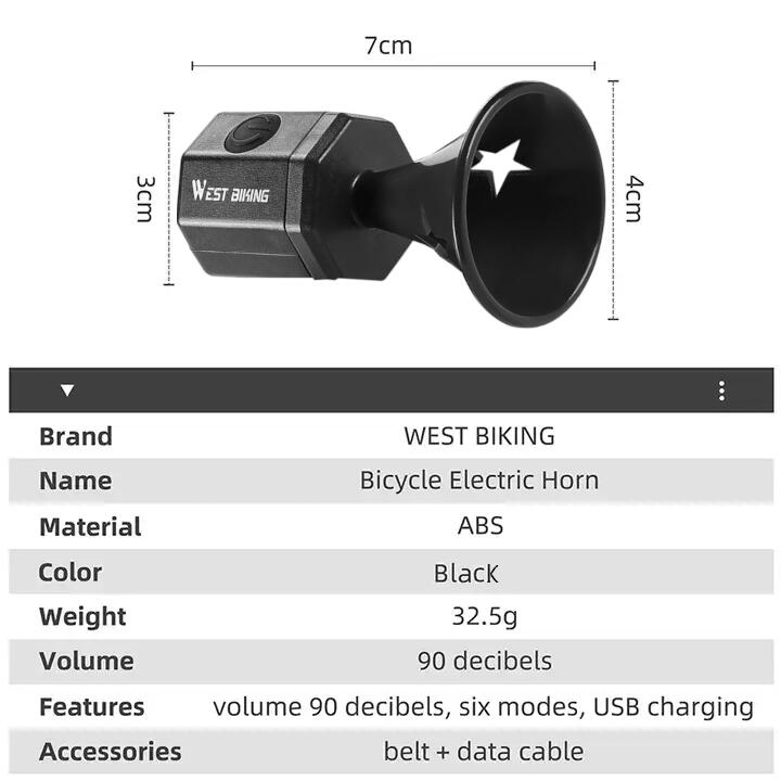 Claxon bicicleta, trotineta, 6 sunete, 90dB, potrivire universala, incarcare USB