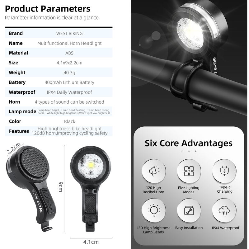 Far fata bicicleta cu claxon, lanterna, 5 moduri iluminare, claxon, incarcareUSB