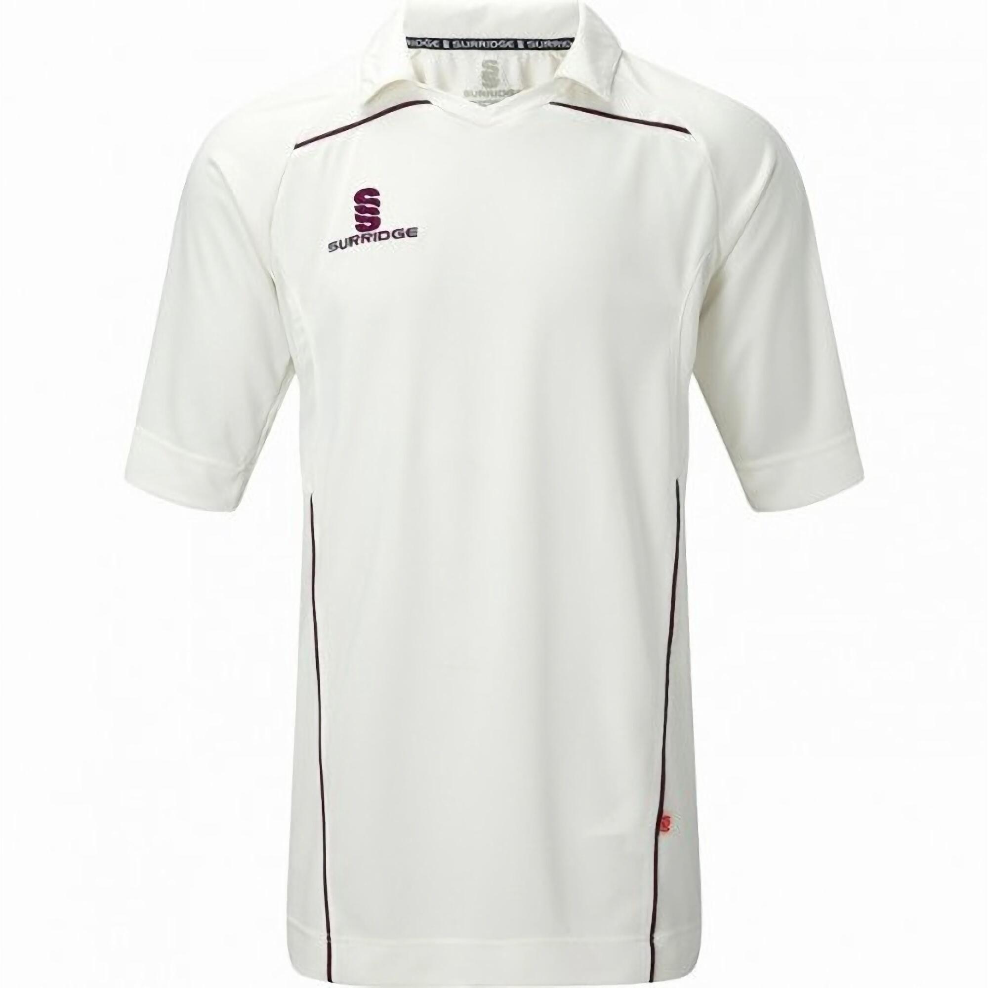 SURRIDGE Mens Century Sports Cricket Shirt (White/ Maroon trim)