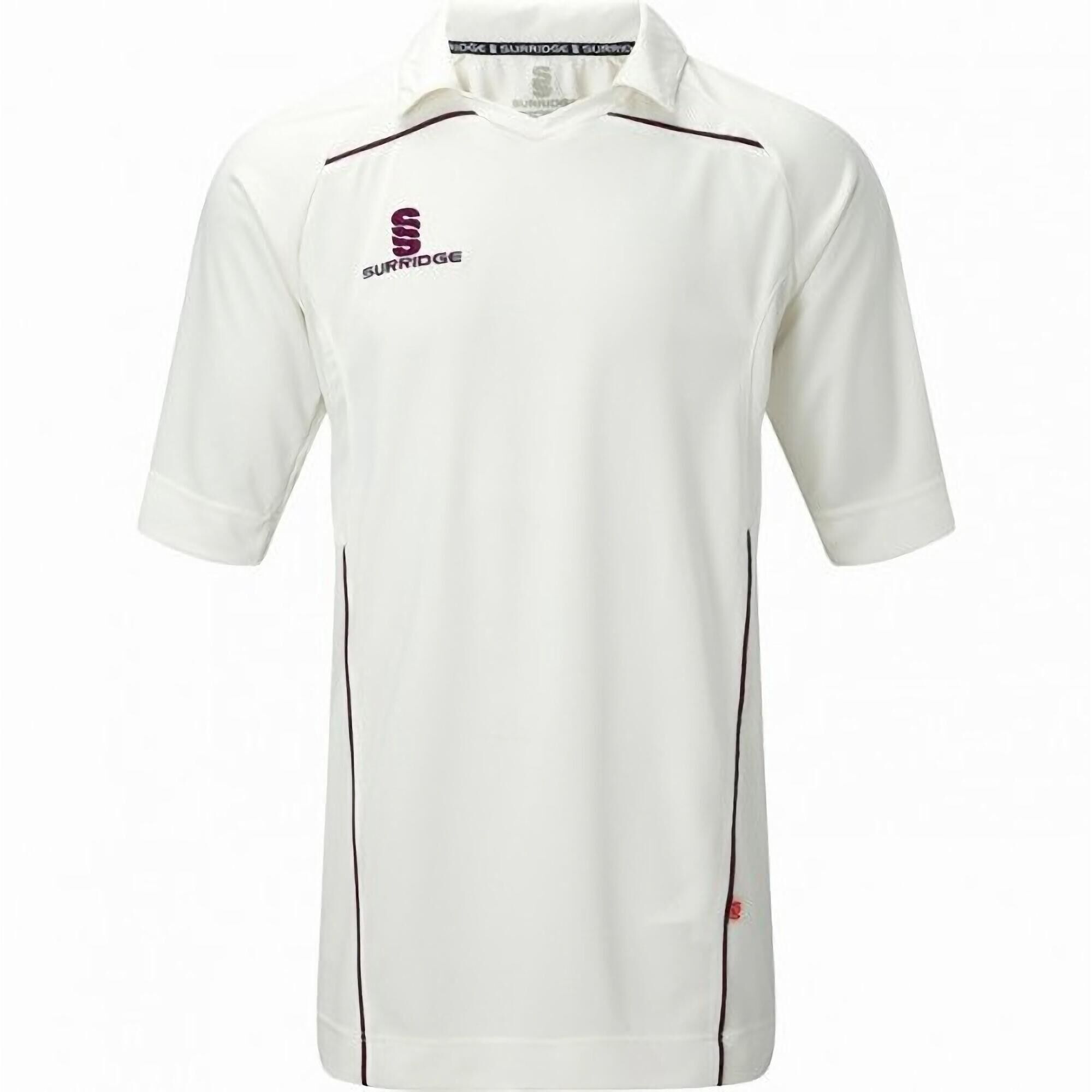 SURRIDGE Mens Century Sports Cricket Shirt (White/ Maroon trim)