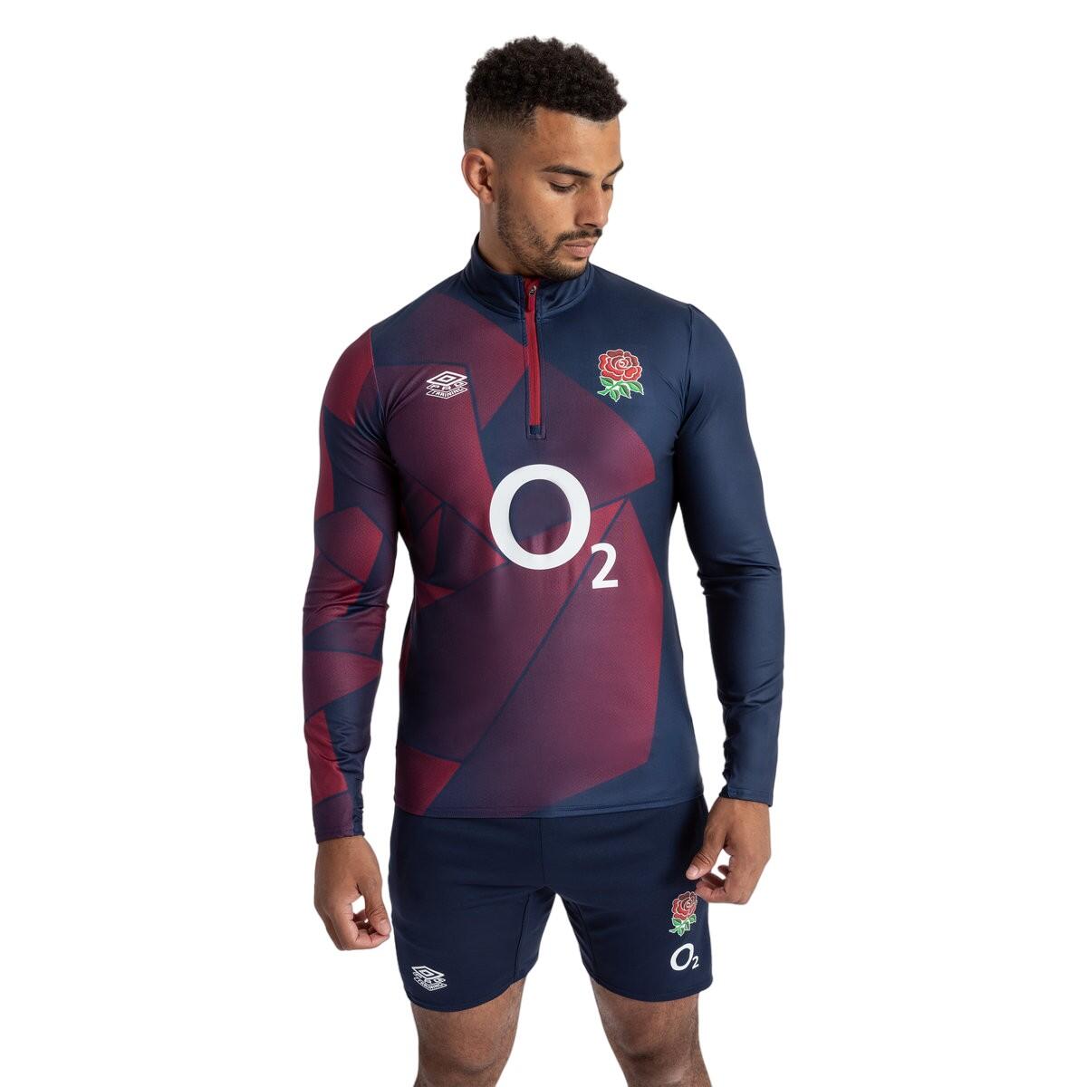 Mens 23/24 England Rugby Warm Up Midlayer (Navy Blazer/Tibetan Red) 3/4