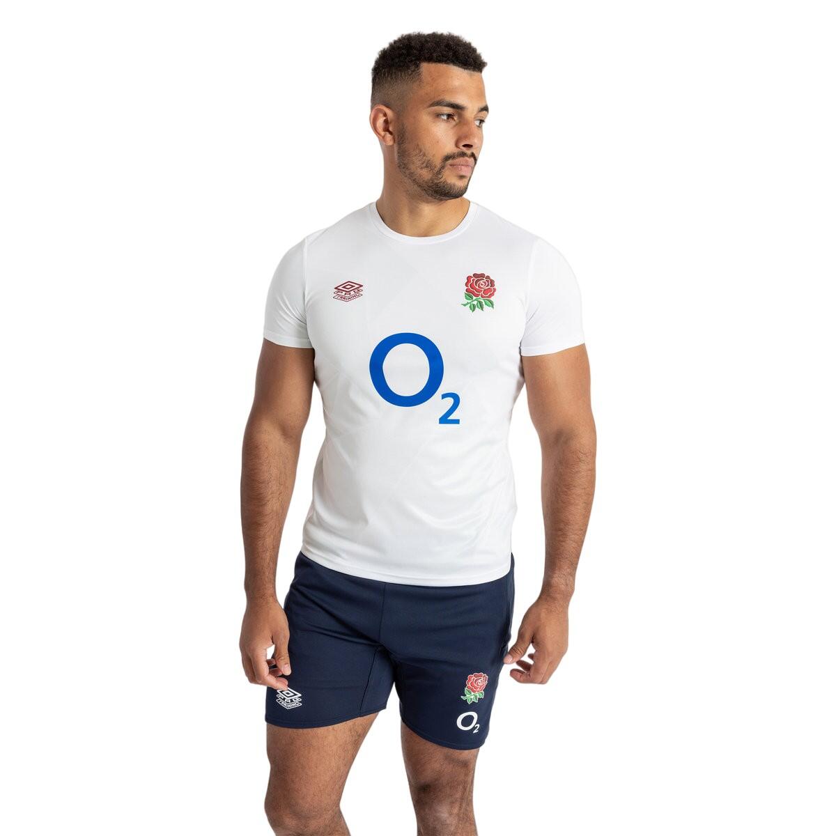 Mens 23/24 England Rugby Warm Up Jersey (Brilliant White/Wan Blue) 3/4