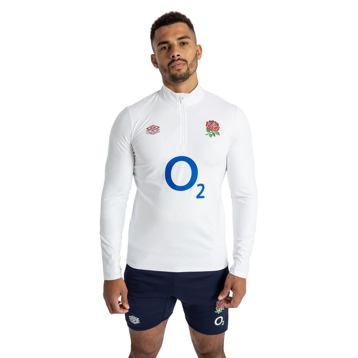 Mens 23/24 England Rugby Warm Up Midlayer (Brilliant White/Wan Blue) 3/4