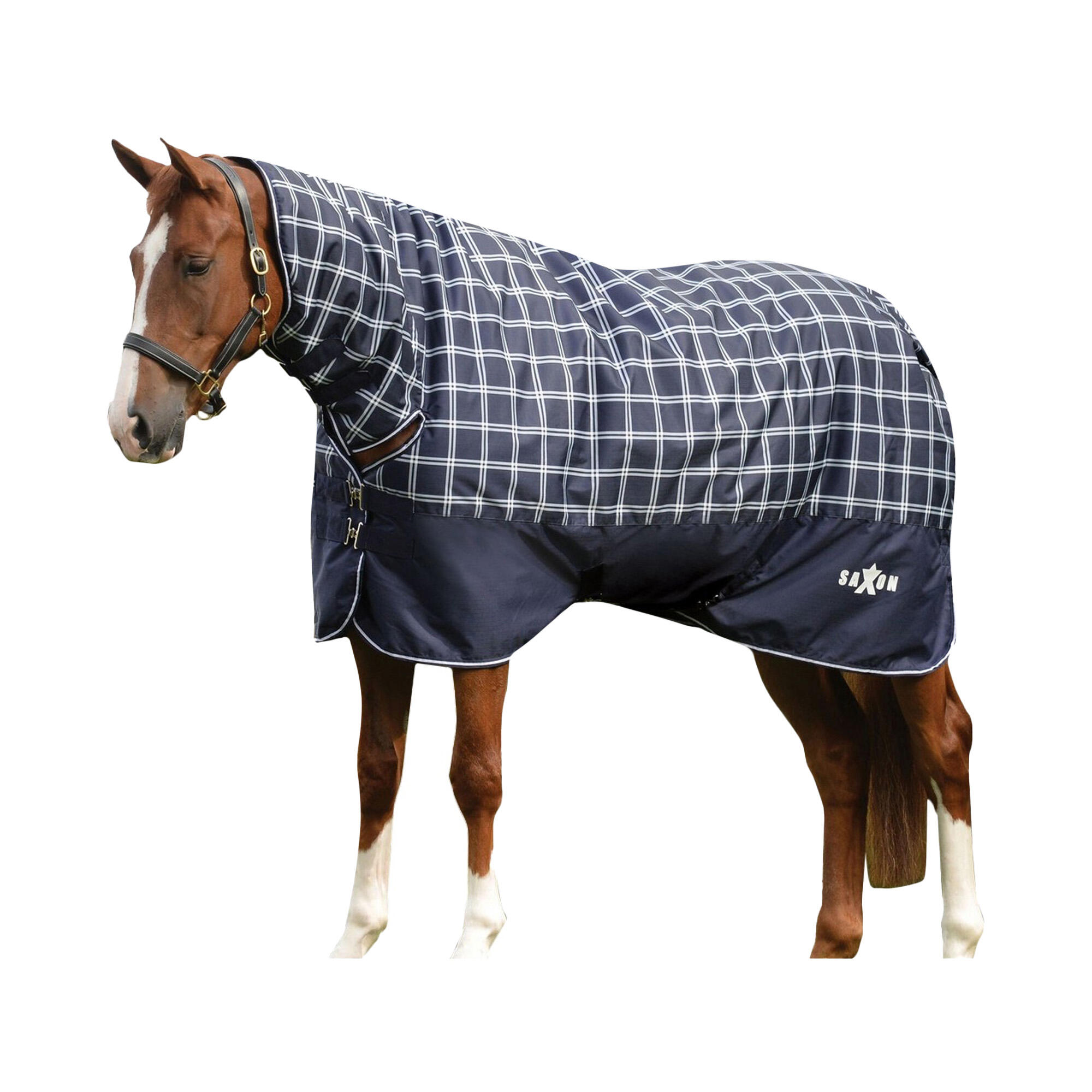 SAXON Defiant Combo Neck Plaid Midweight Horse Turnout Rug (Navy)