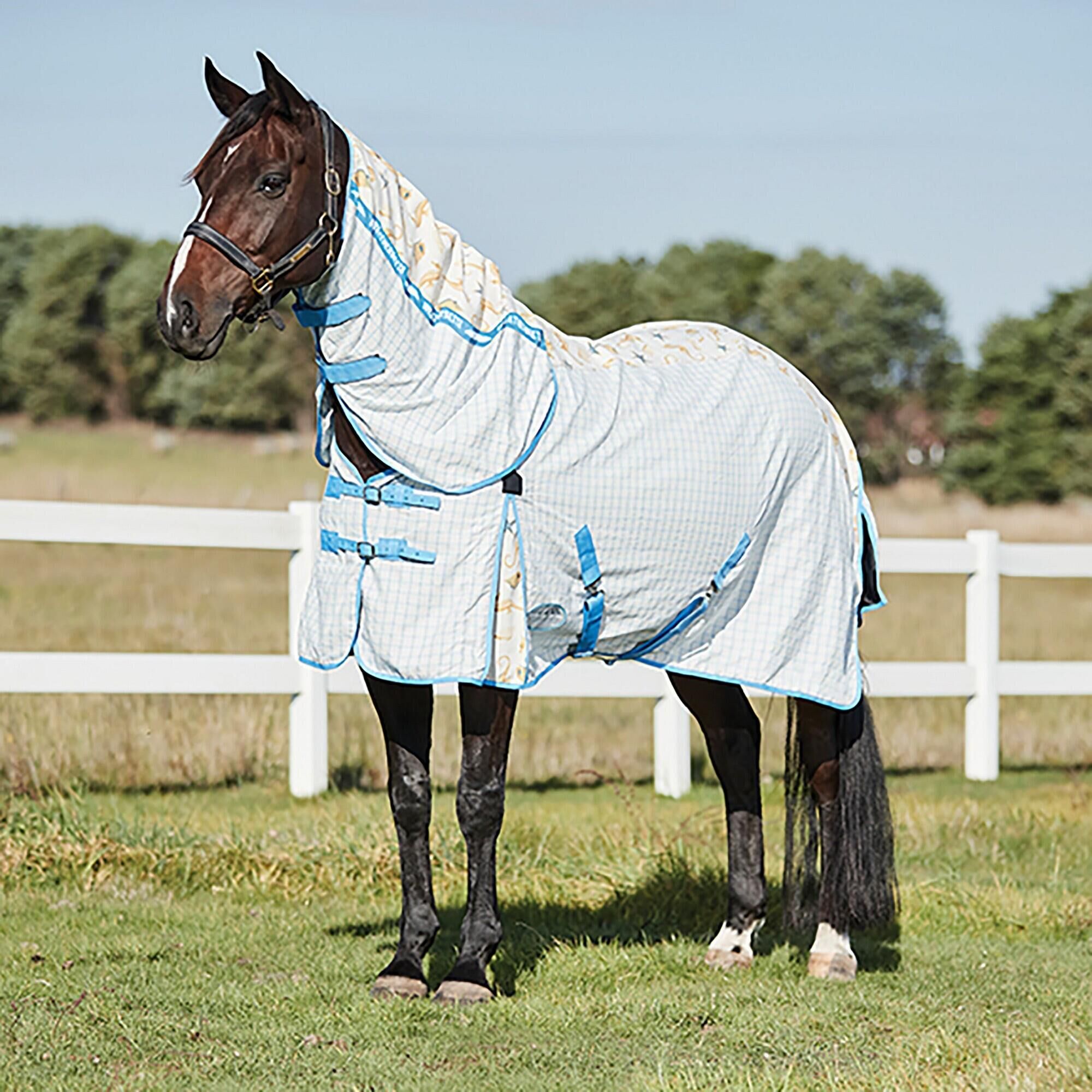 WEATHERBEETA Summer Sheet Lite IV Combo Neck Seahorse Horse Turnout Rug (White/Yellow/Blue)