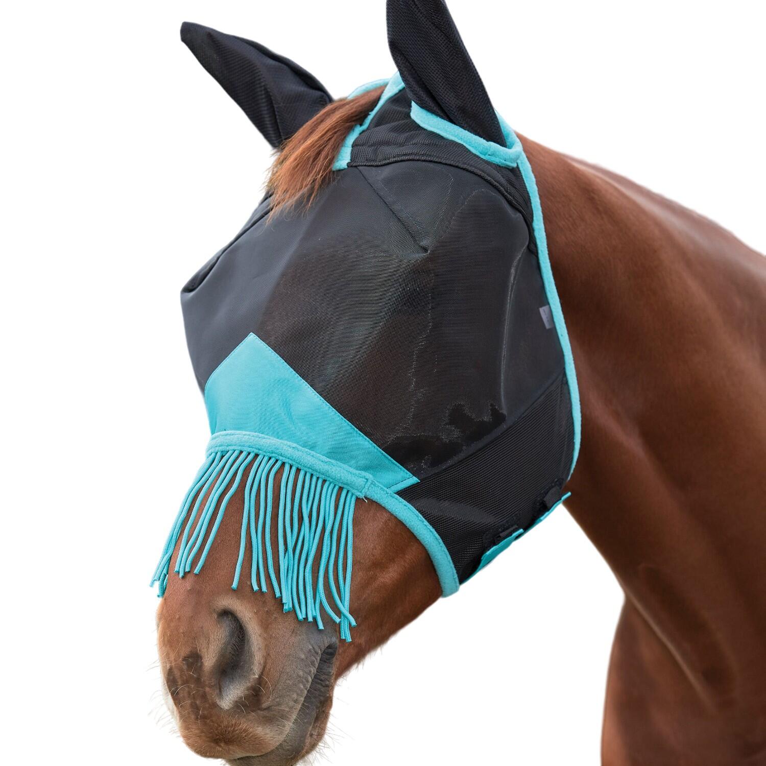 Comfitec Deluxe Tassel Fine Mesh Horse Fly Mask With Ears (Black/Turquoise) 1/2