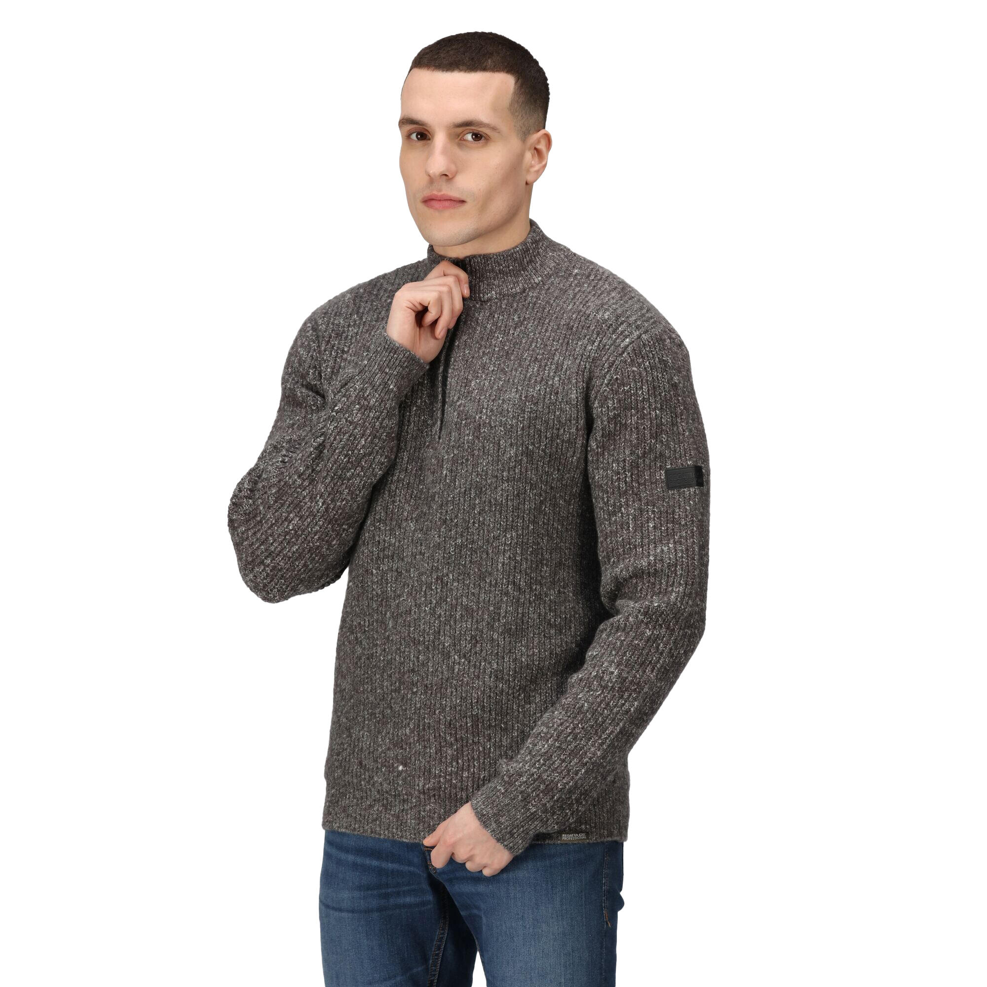 Mens Marl Knitted Zip Neck Sweatshirt (Dark Grey) 3/4