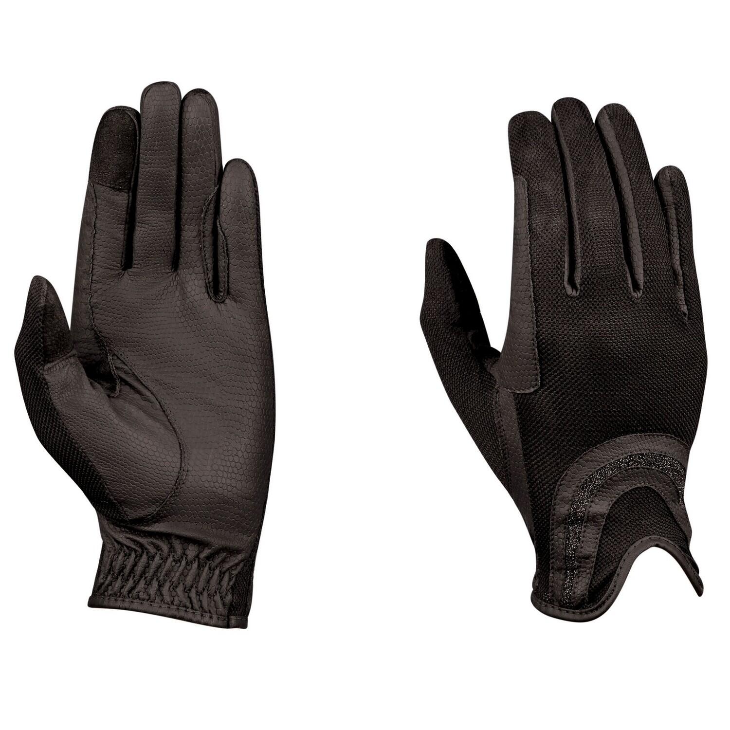 Mesh Palm Goat Leather Glitter Riding Gloves (Black) 1/3