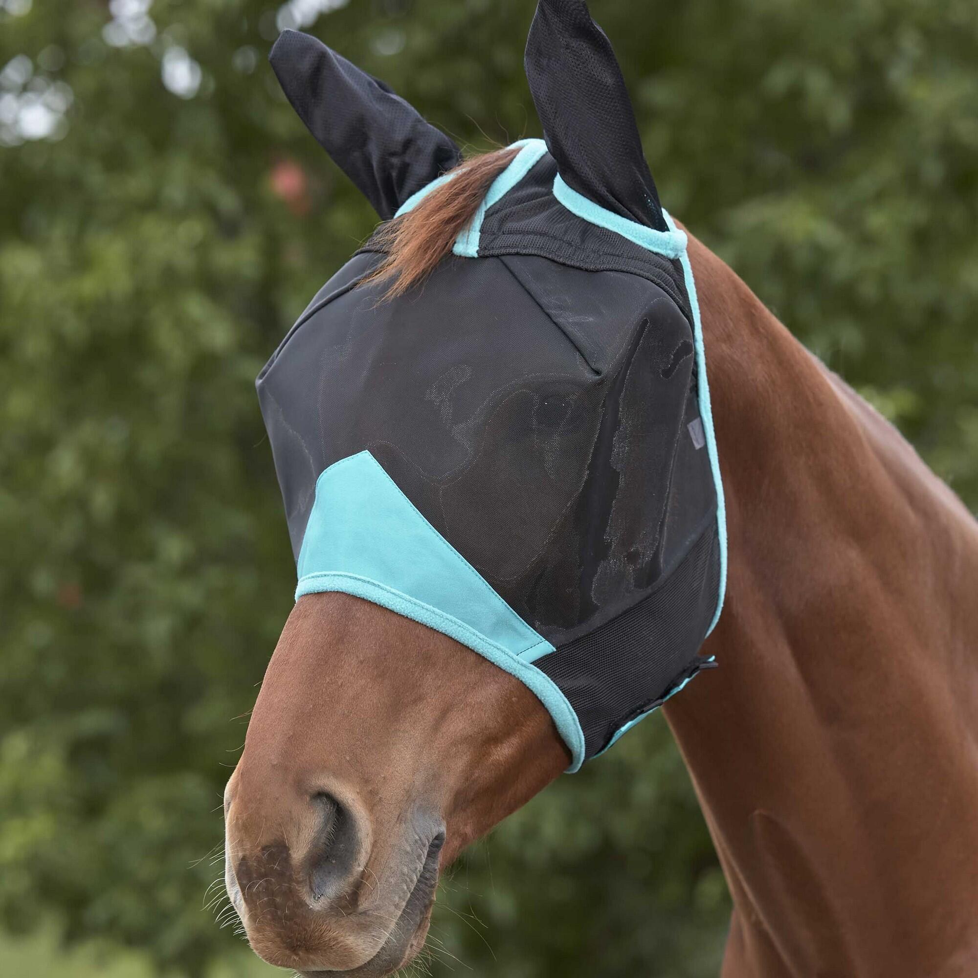 WEATHERBEETA Comfitec Deluxe Fine Mesh Horse Fly Mask With Ears (Black/Turquoise)