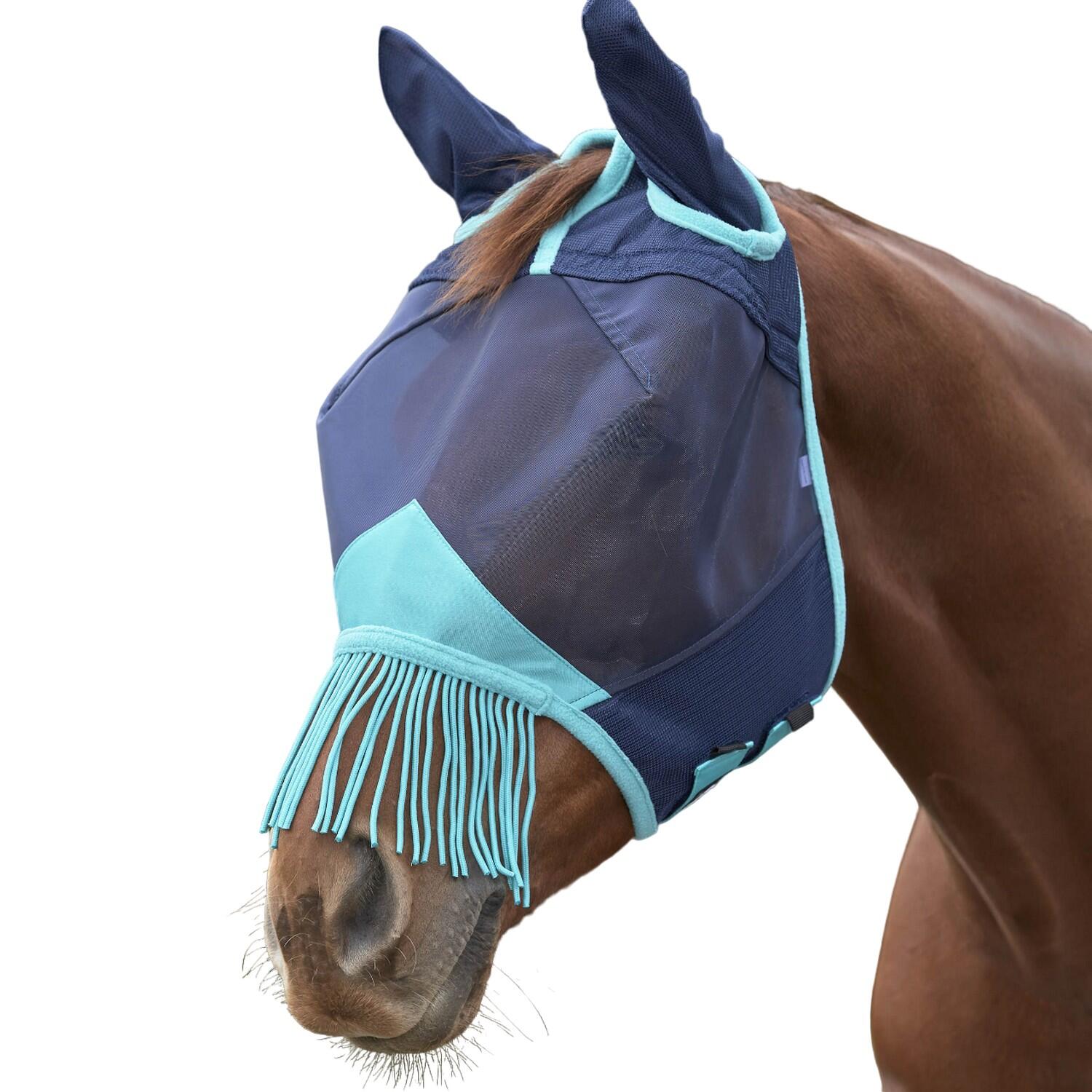 WEATHERBEETA Comfitec Deluxe Tassel Fine Mesh Horse Fly Mask With Ears (Navy/Turquoise)