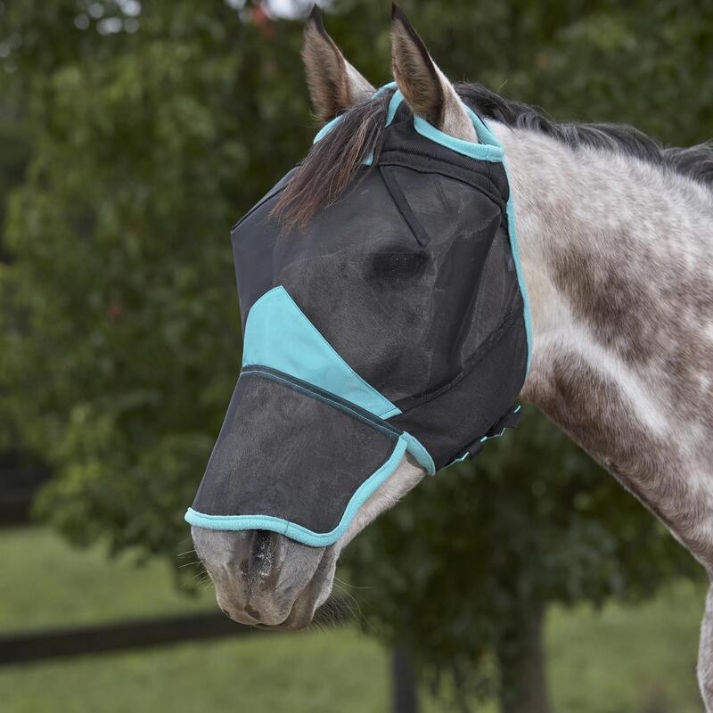 Masque antimouches pour chevaux avec nez COMFITEC DELUXE (Noir / Turquoise vif)