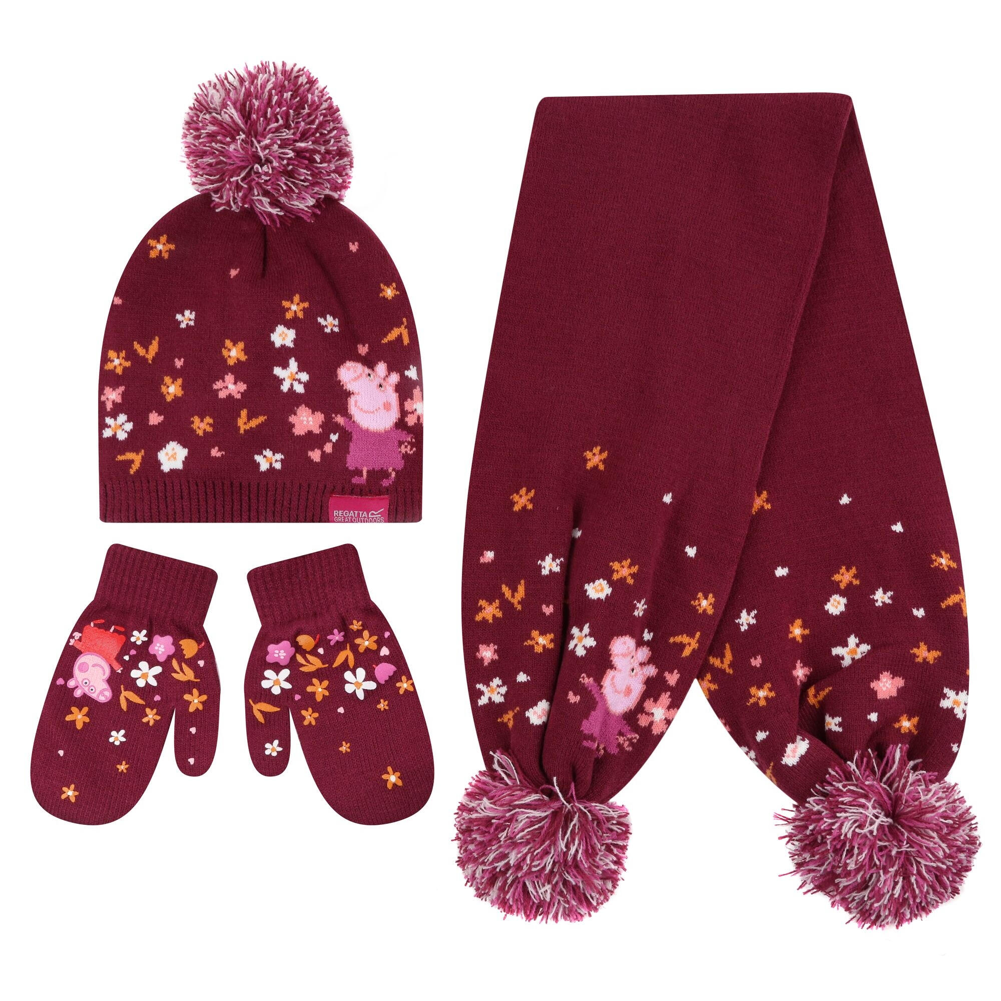 REGATTA Pom Pom Knitted Peppa Pig Hat Gloves And Scarf Set (Berry Pink/Autumn)