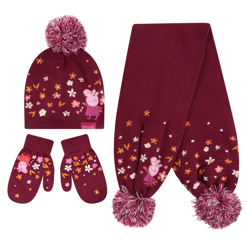 Conjunto de Gorro Luvas e Cachecol Pompom Malha Porquinha Peppa Rosa Baga /