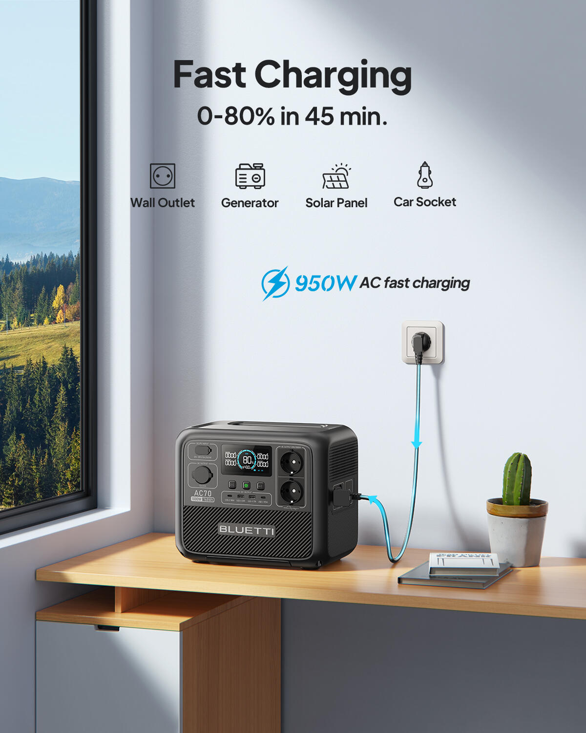 Generatore Solare Portatile BLUETTI AC70 1000W+Pannello Solare 100W per Roulotte 4/6