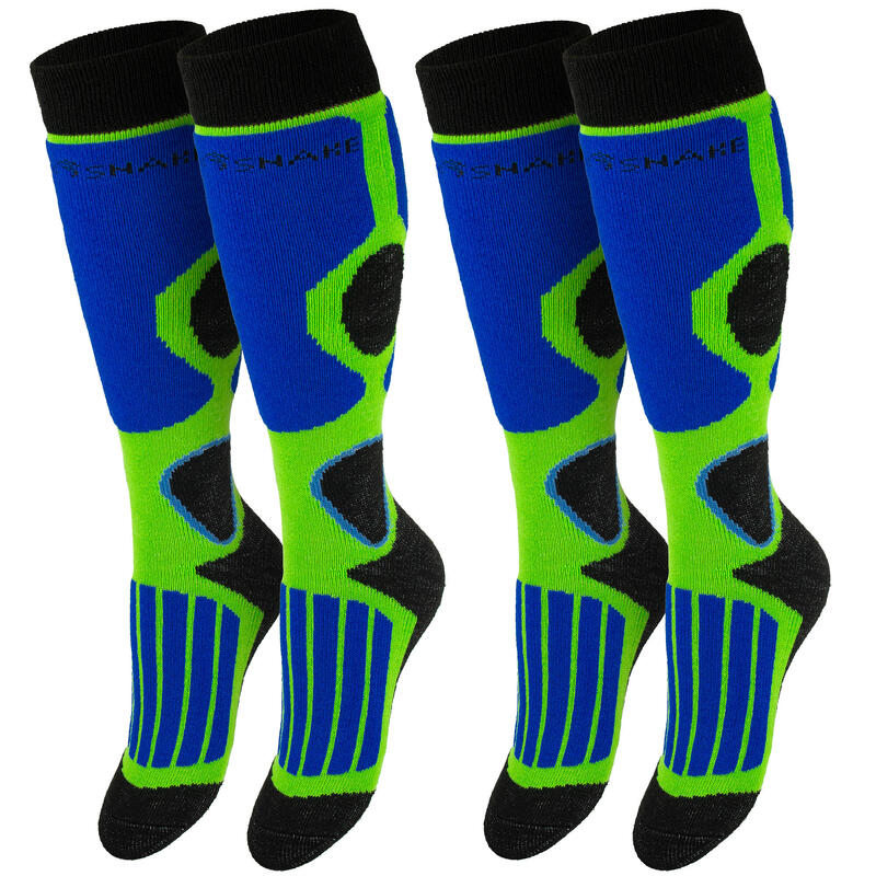 Chaussettes de ski | Enfant | 2 paires | Mi-bas rembourrées | Vert/Bleu