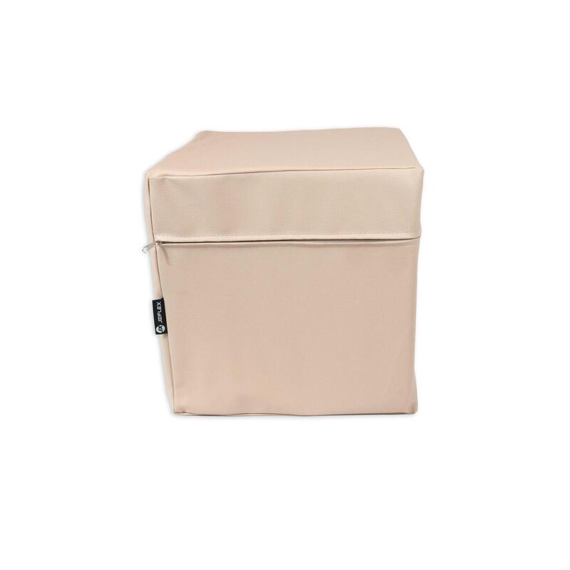 Cube de siège en simili cuir beige de 40x40x40 cm avec mousse de polyuréthane.