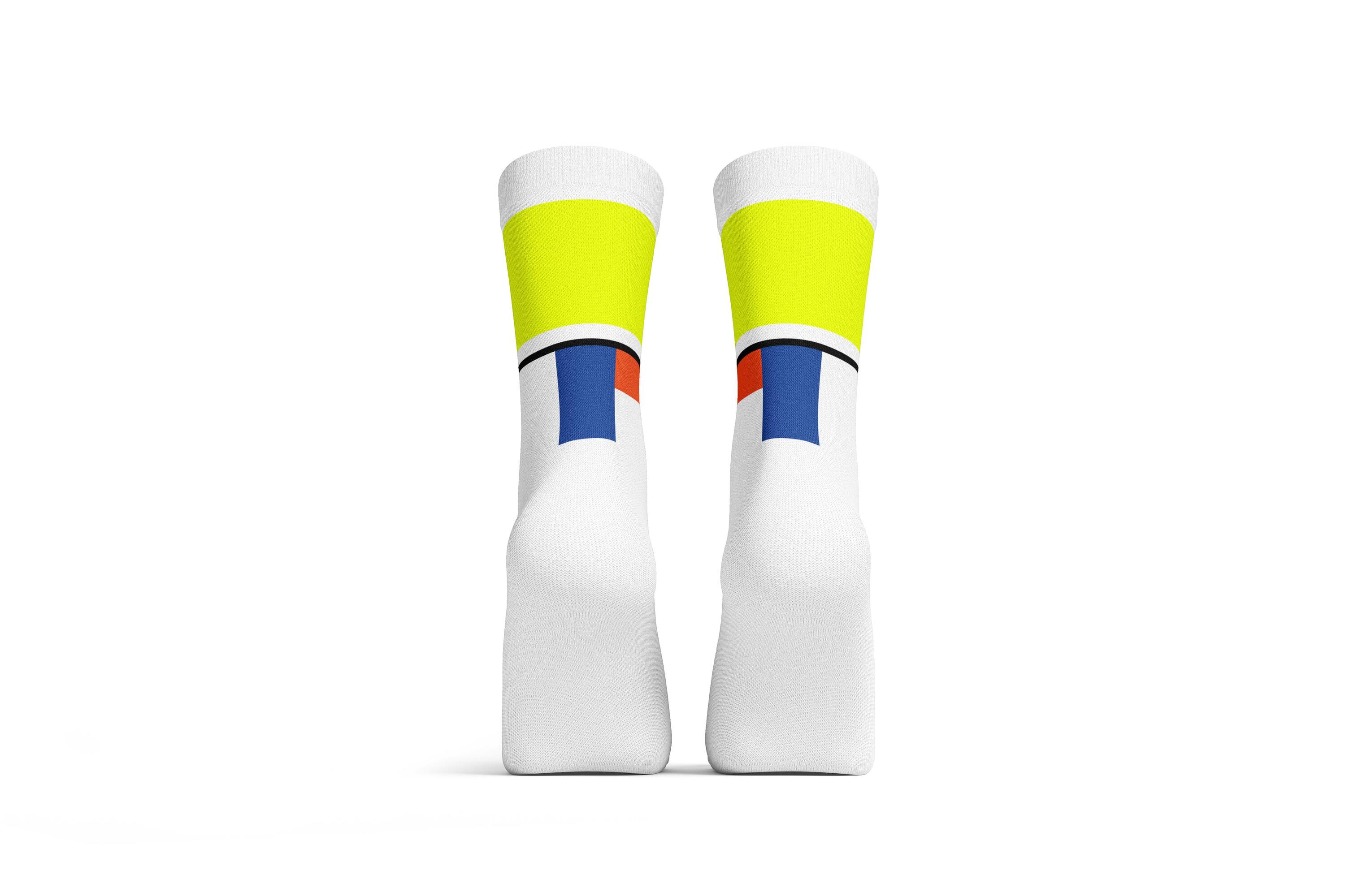 Chaussettes de cyclisme sur route, carrées, bleues, jaune fluo 2/6
