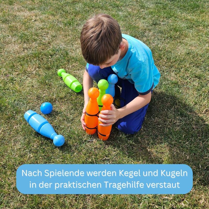Kegelspiel für Kinder, aus farbenfrohem Kunststoff, 6 Kegel und 2 Kugeln