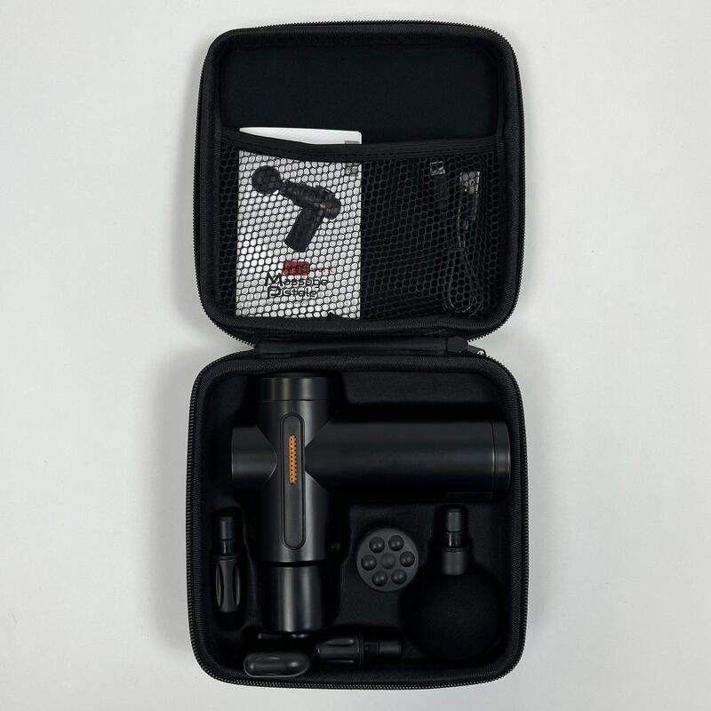 Pistola de massagem de potência em preto - 32 níveis, 4 cabeças de massagem, USB