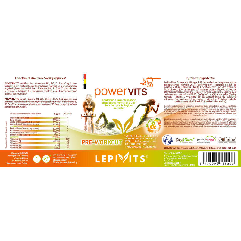 PowerVits - Preworkout parfaitement hydrosoluble au goût rafraichissant - 450 gr