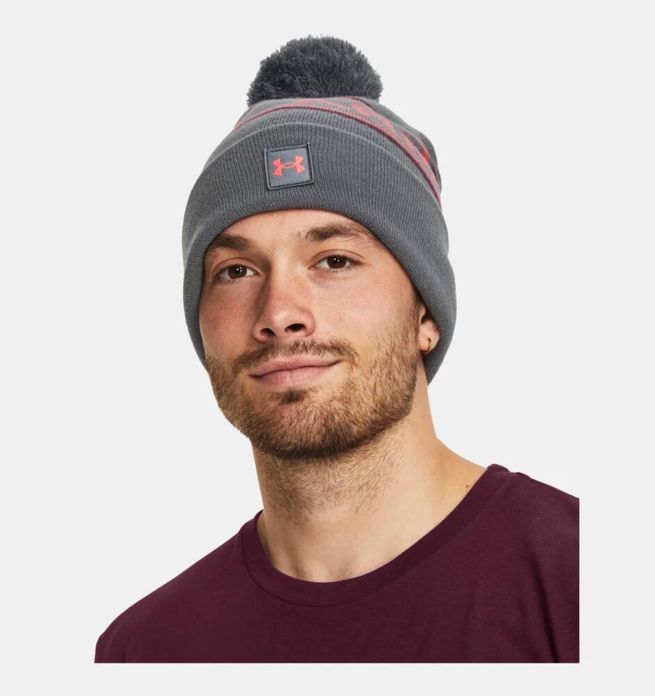 Under Armour Halftime Pom Beanie-Pitch Gray Venom Red 2/3