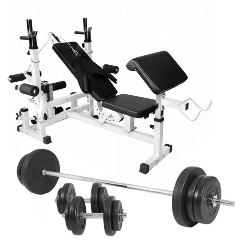 Banc de musculation universel blanc Avec jeu de poids de 70 kg Plastique