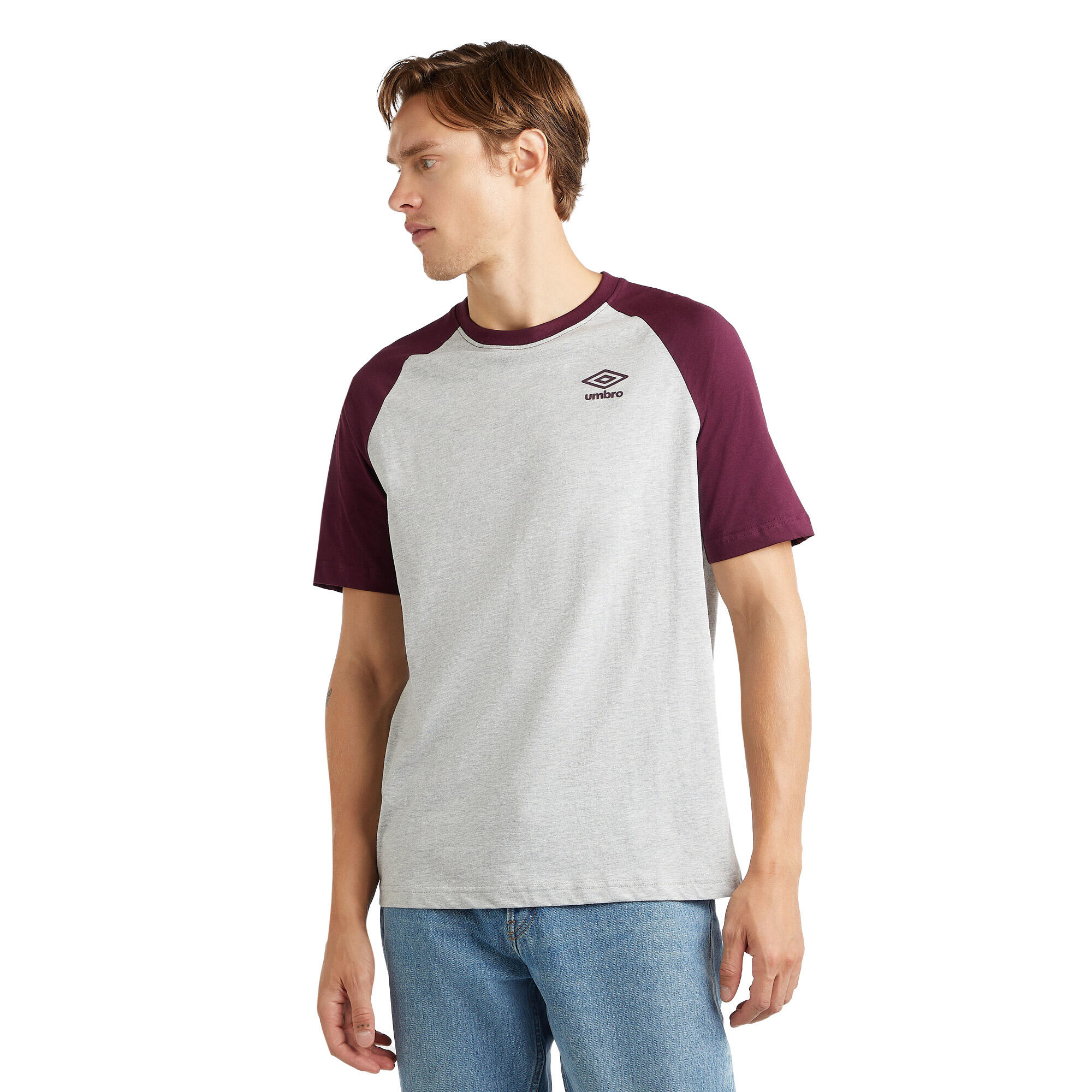 UMBRO Mens Core Logo Contrast Sleeves TShirt (Grey Marl/Potent Purple)