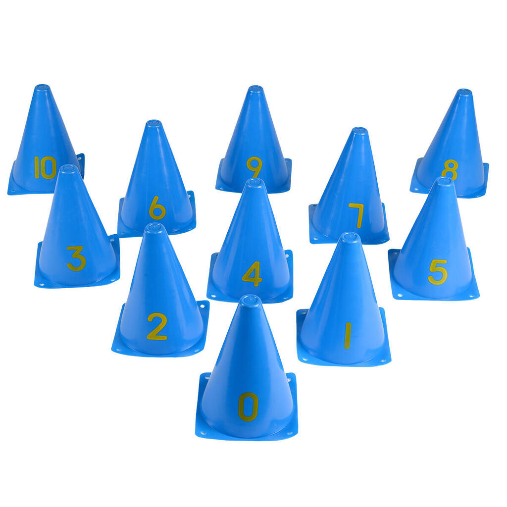 Marking cone studs numbered 0 to 10 for training purposes