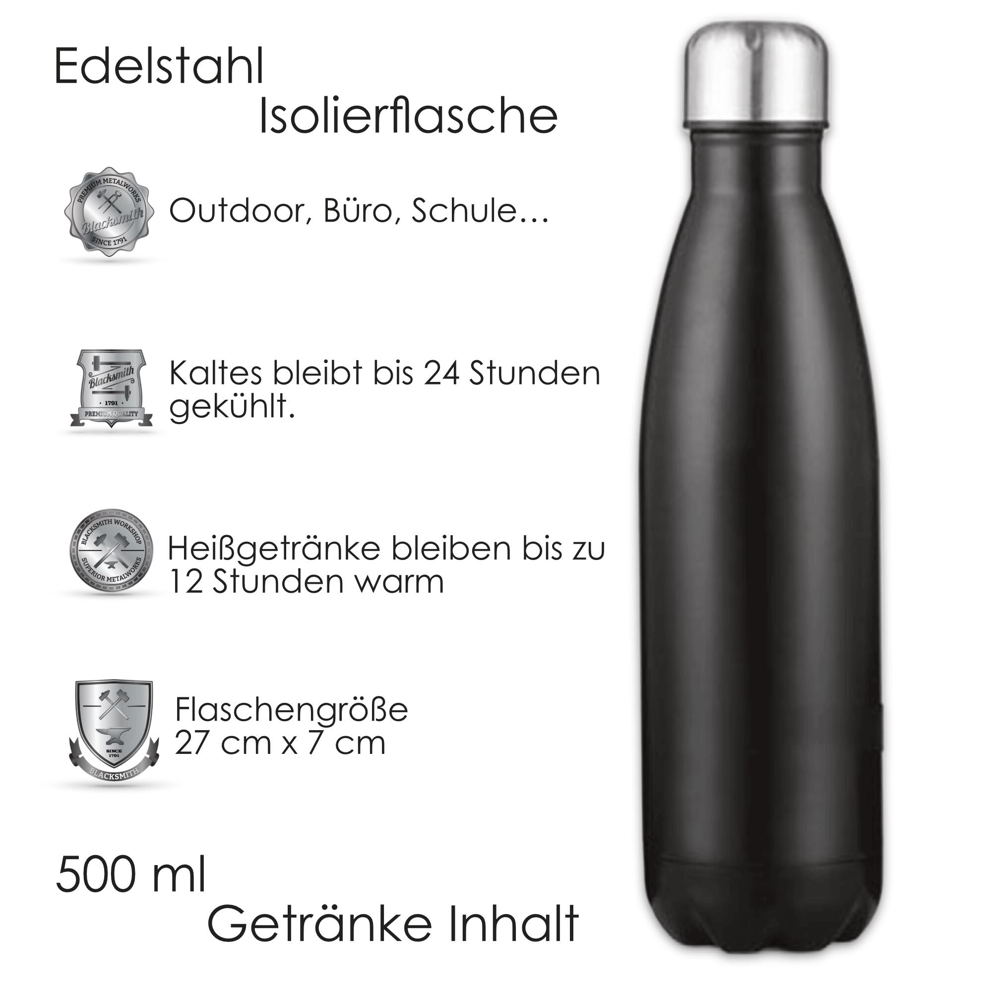 Edelstahl Trinkflasche 500 ml Black. Isoliert mit Schraubverschluss Kohlensäure 3/7