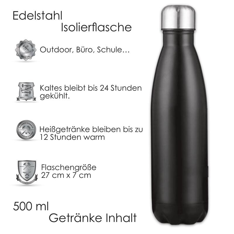 Edelstahl Trinkflasche 500 ml Black. Isoliert mit Schraubverschluss Kohlensäure