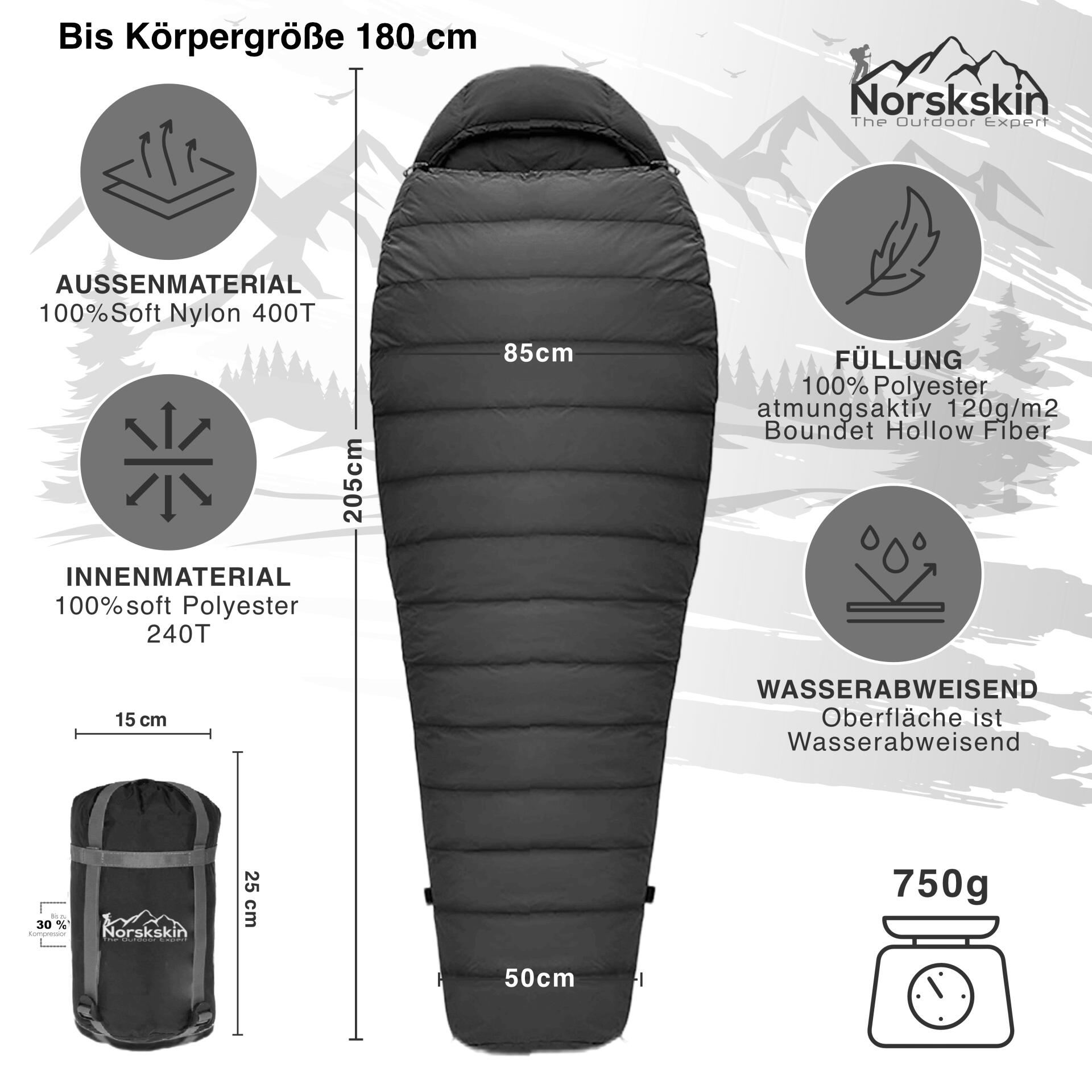 Mumienschlafsack Norskskin Ultralight Grey 800 g 205 cm Koppelbar Nylon 400T 3/7