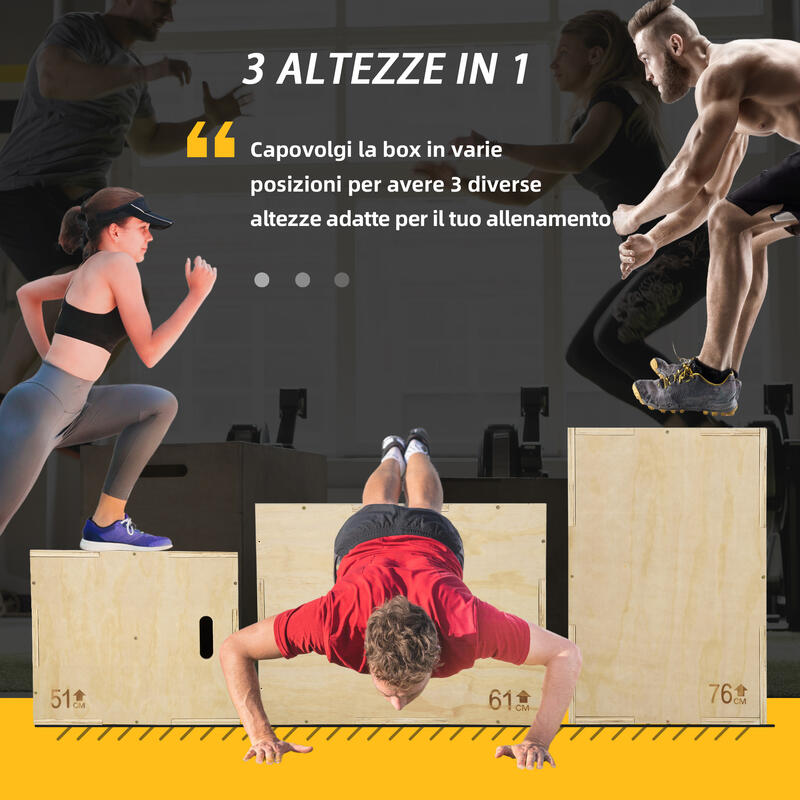 HOMCOM Plyo Box in Legno a 3 Altezze, Capacità 120kg, 61x51x76cm