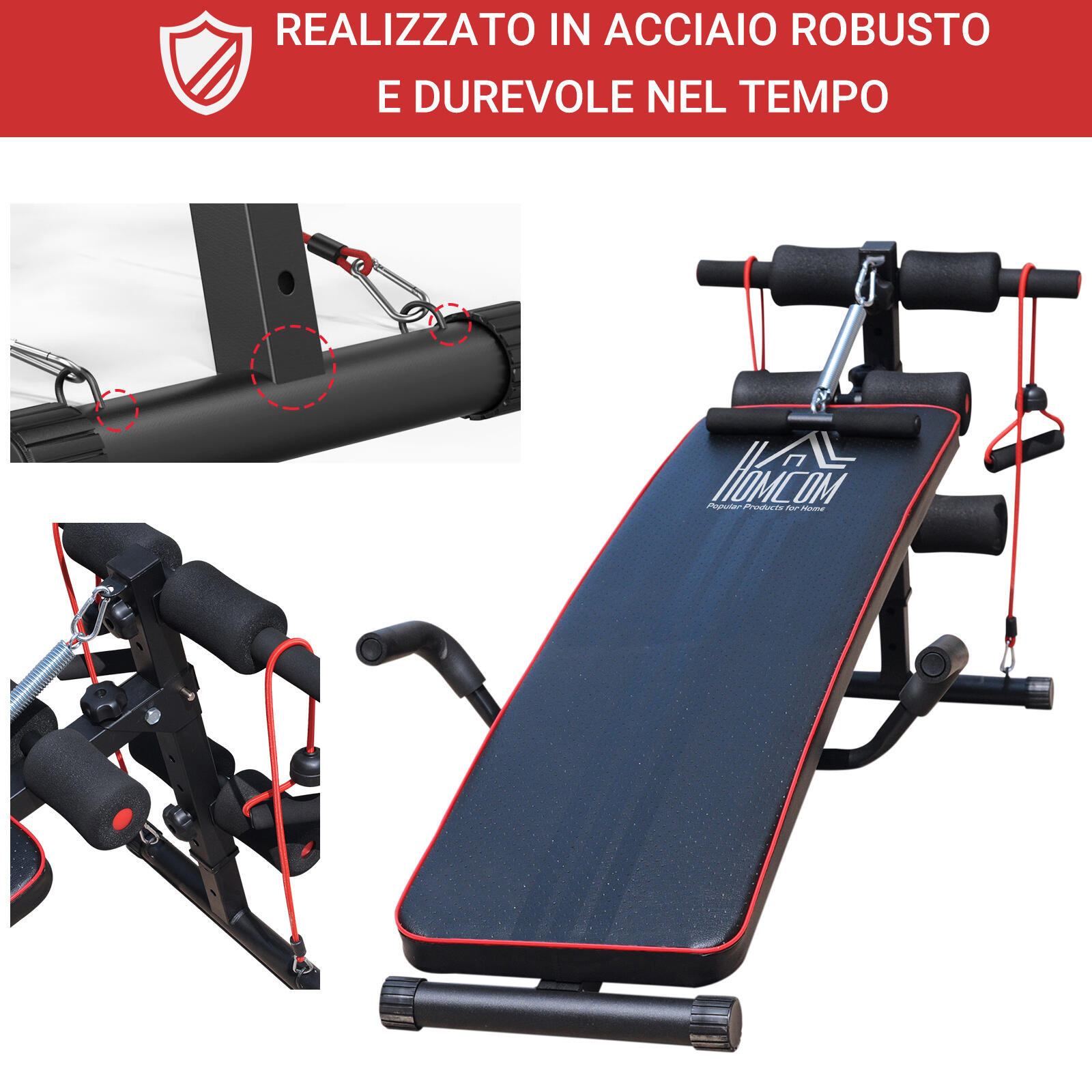 HOMCOM Panca Multifunzione con Schienale Regolabile e 2 Corde Elastiche, Nero 6/7
