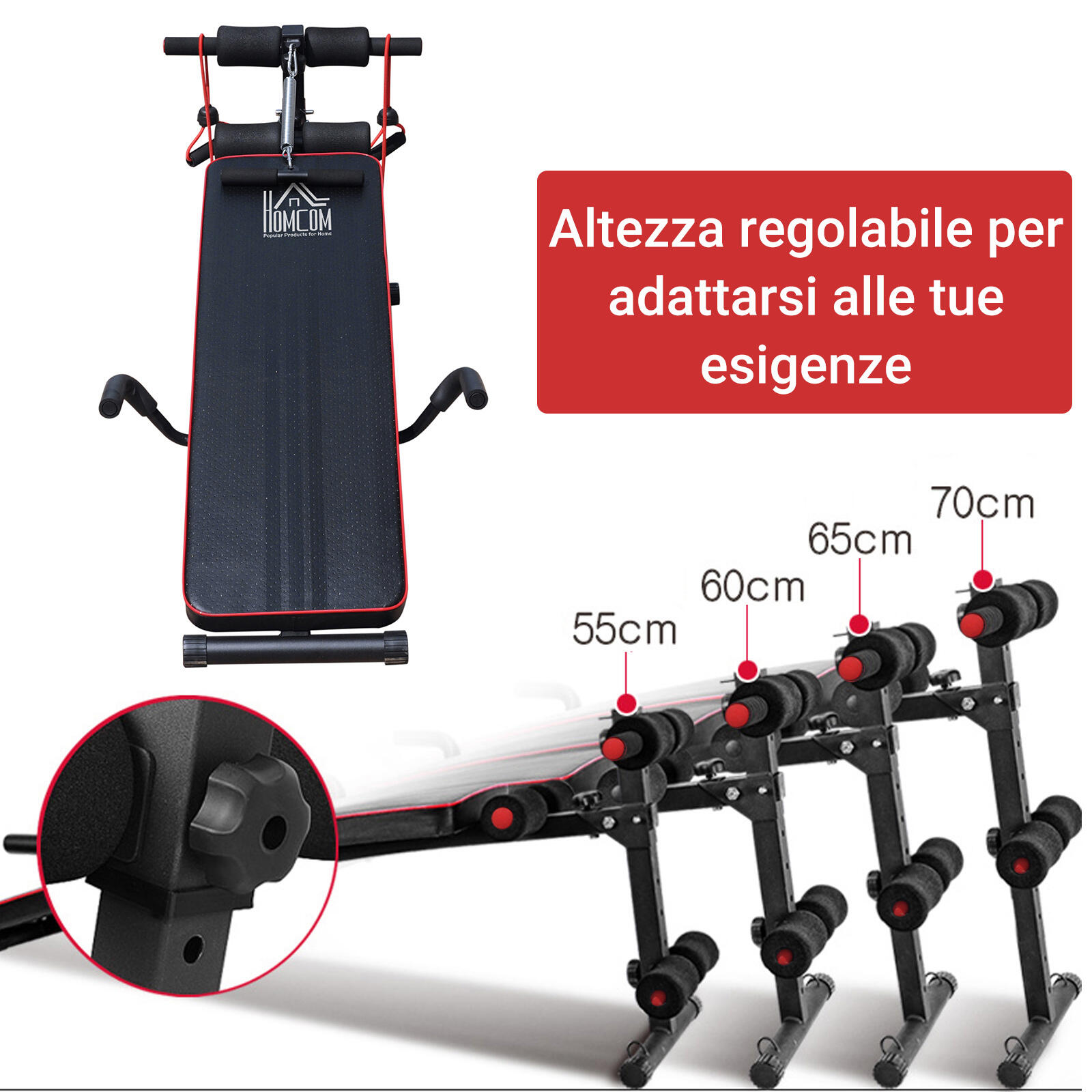 HOMCOM Panca Multifunzione con Schienale Regolabile e 2 Corde Elastiche, Nero 5/7
