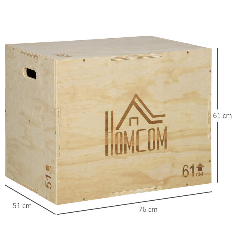 HOMCOM Plyo Box in Legno a 3 Altezze, Capacità 120kg, 61x51x76cm