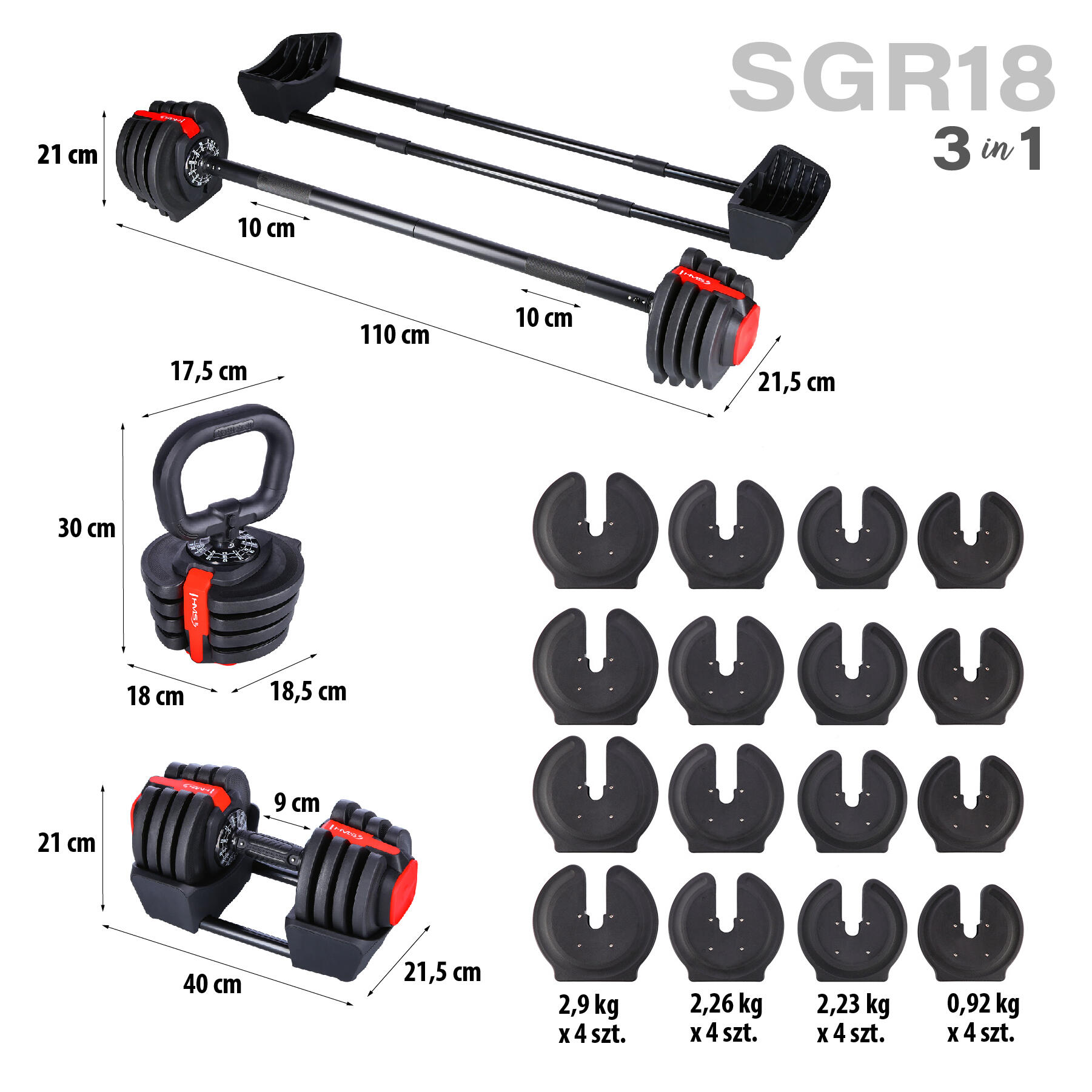 Set D'haltères Réglables 3 En 1 Hms Sgr18 Pro 6/7