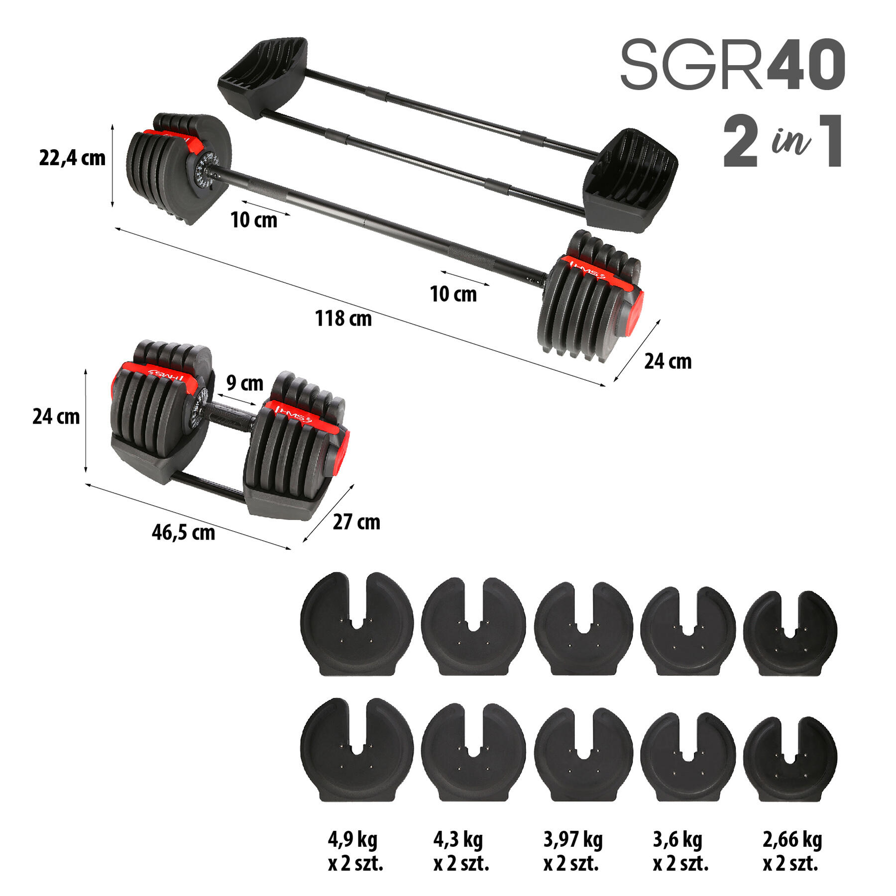 Verstelbare halters 2-in-1 met halterstang 40 kg HMS SGR40 6/7