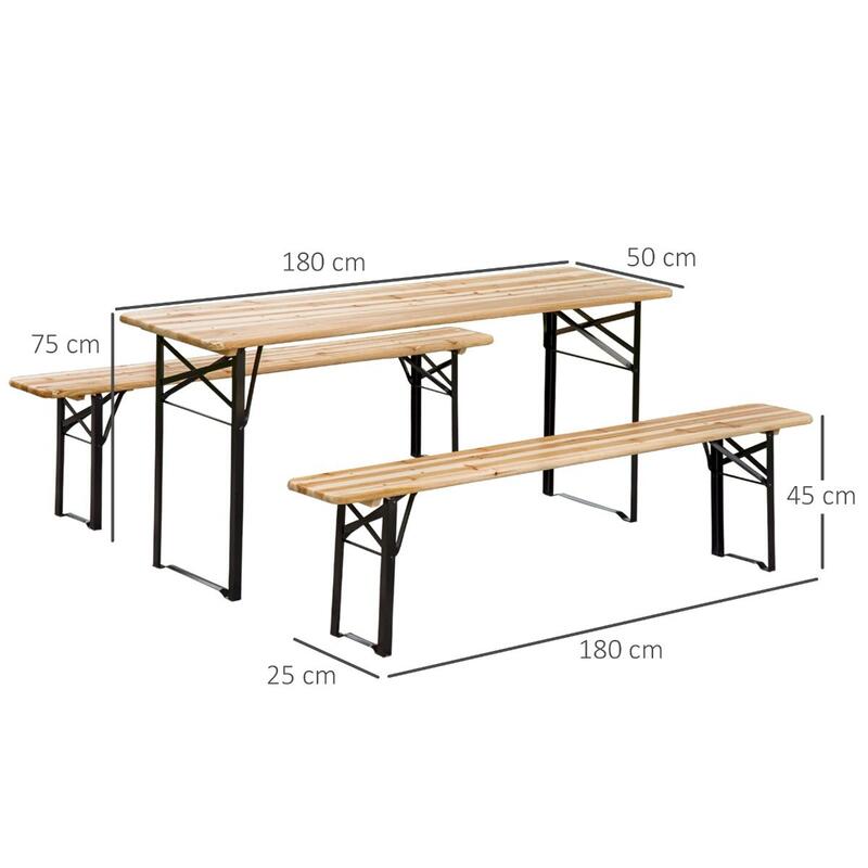 Mesa Campismo com Bancos 180x50x75cm Preto e Madeira Outsunny