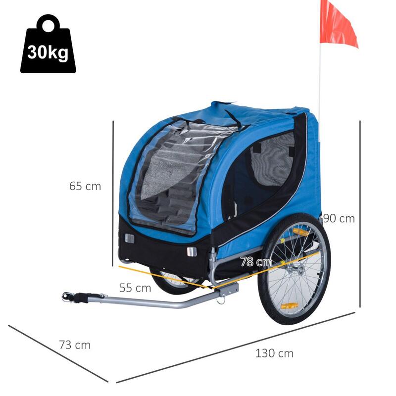 PawHut® Remolque Bicicleta Perro Mascota 78x73x94cm 1 Bandera 6 Reflectores  Bici Azul Negro