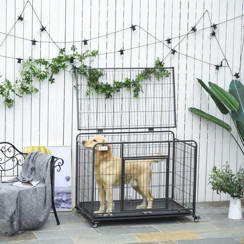 Jaula de metal para perros con ruedas bandeja PawHut 109x76x87cm negro