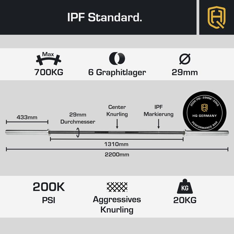 HQ Germany® Olympia Langhantelstange 50mm | Profi Powerlifting Langhantel