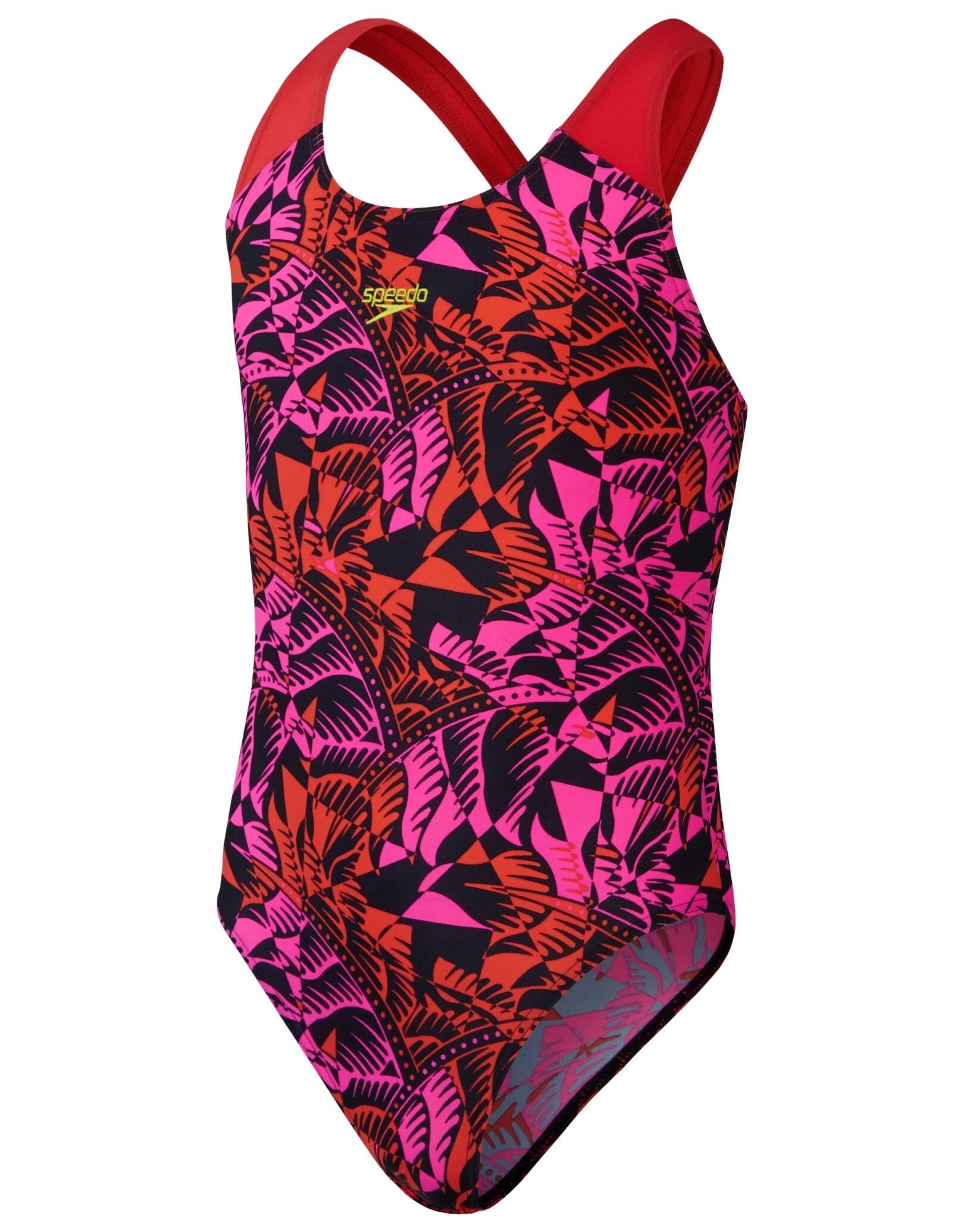 SPEEDO Speedo Girls Placement Allover Splashback Swimsuit- Black/Pink
