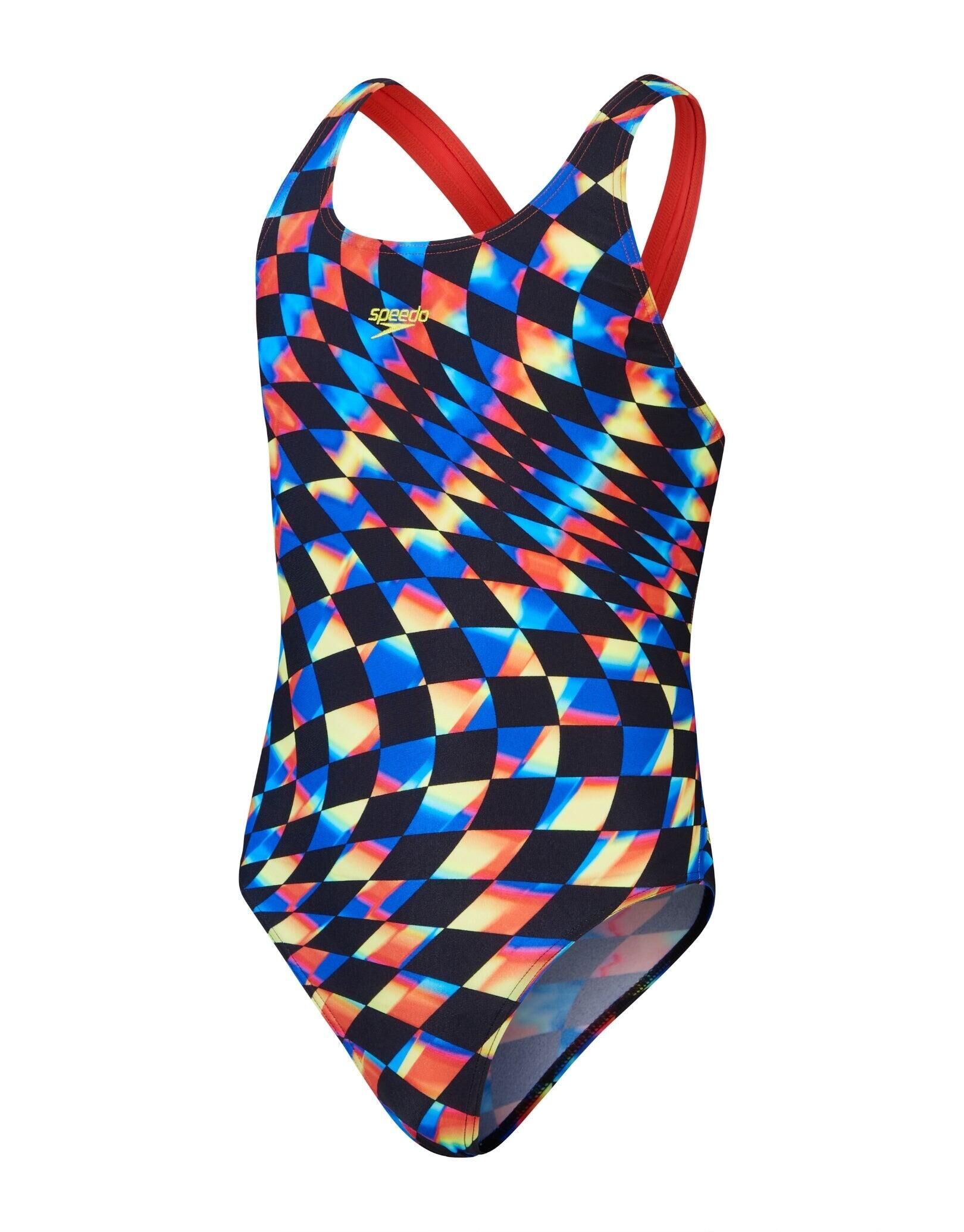 SPEEDO Speedo Girls Digital Allover Leaderback Swimsuit - Black/Red