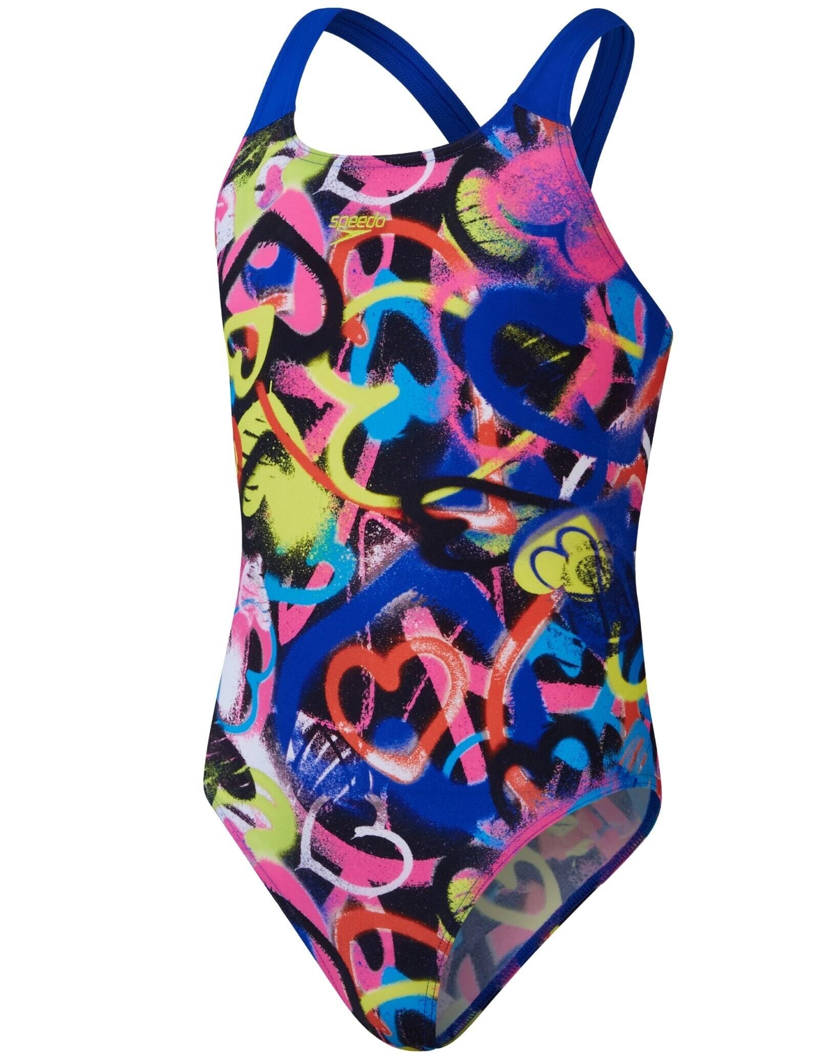 SPEEDO Speedo Girls Placement Allover Powerback Swimsuit - Pink/Blue