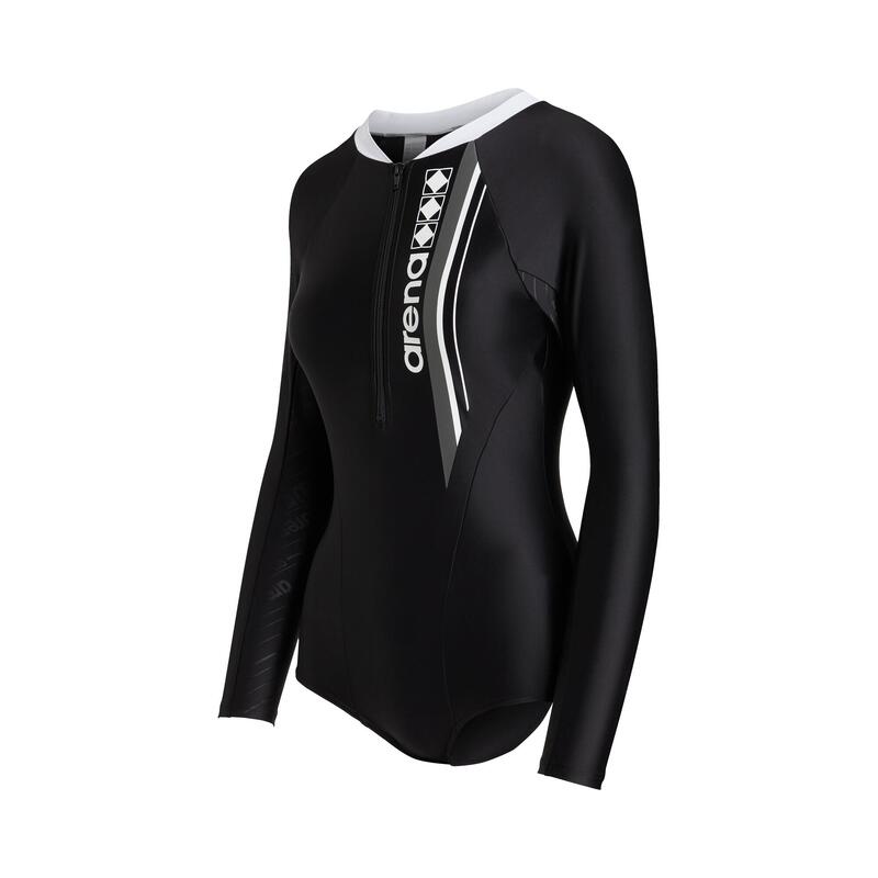 LADIES ASIAN RANGE 50TH DIAMOND LONG SLEEVE HALF ZIP BODYSUIT - BLACK