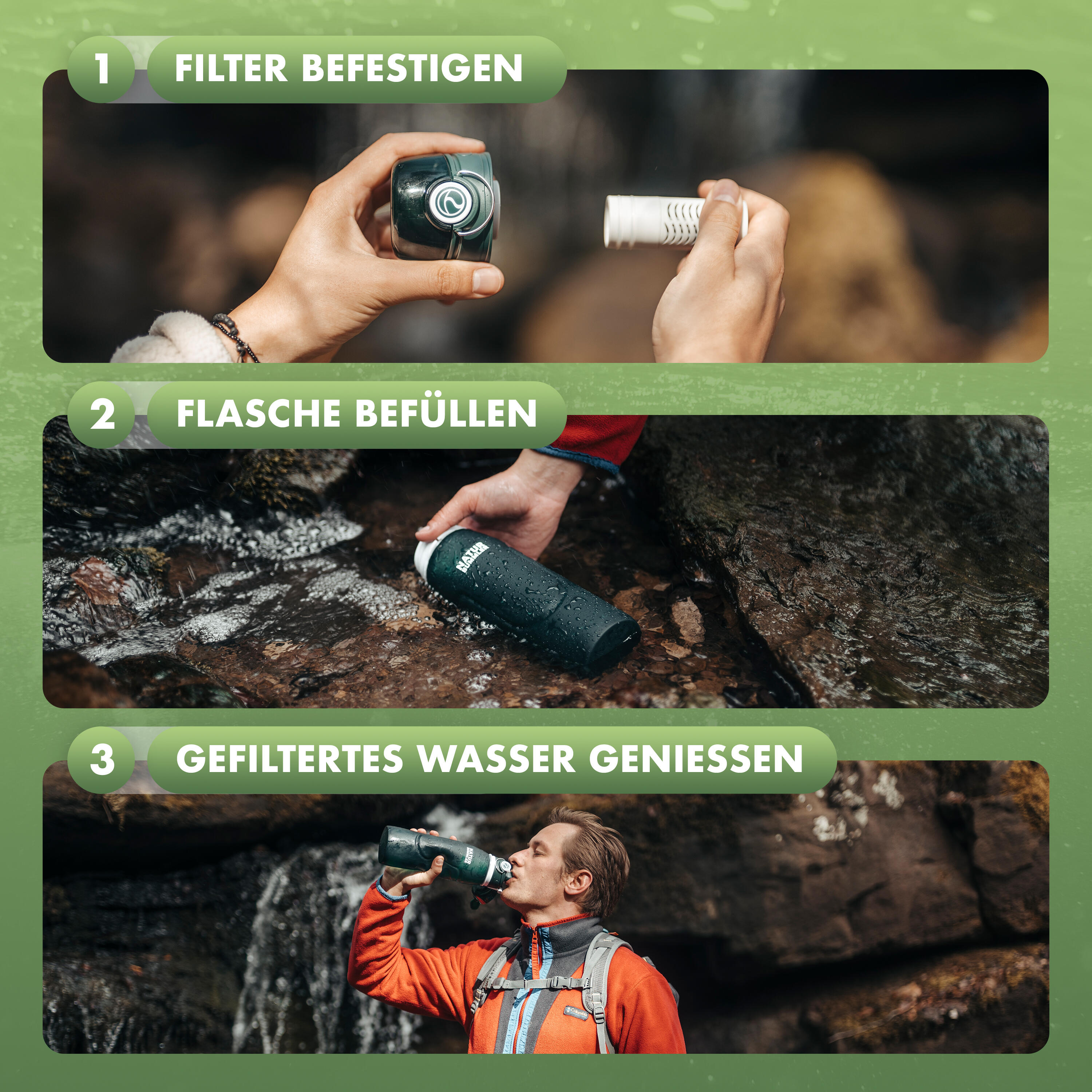 Wasserfilter Flasche [Co2-Neutral] inkl. Aufhänghaken + Faltfunktion 6/7