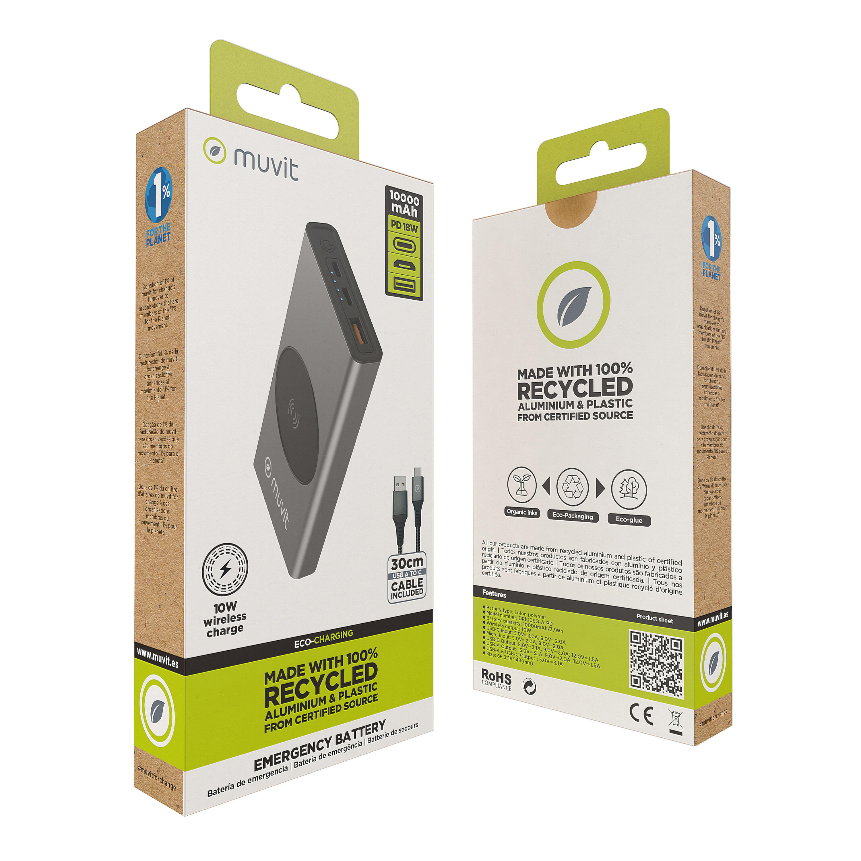 Power bank muvit for change 10000 mAh/10W wireless 5/5