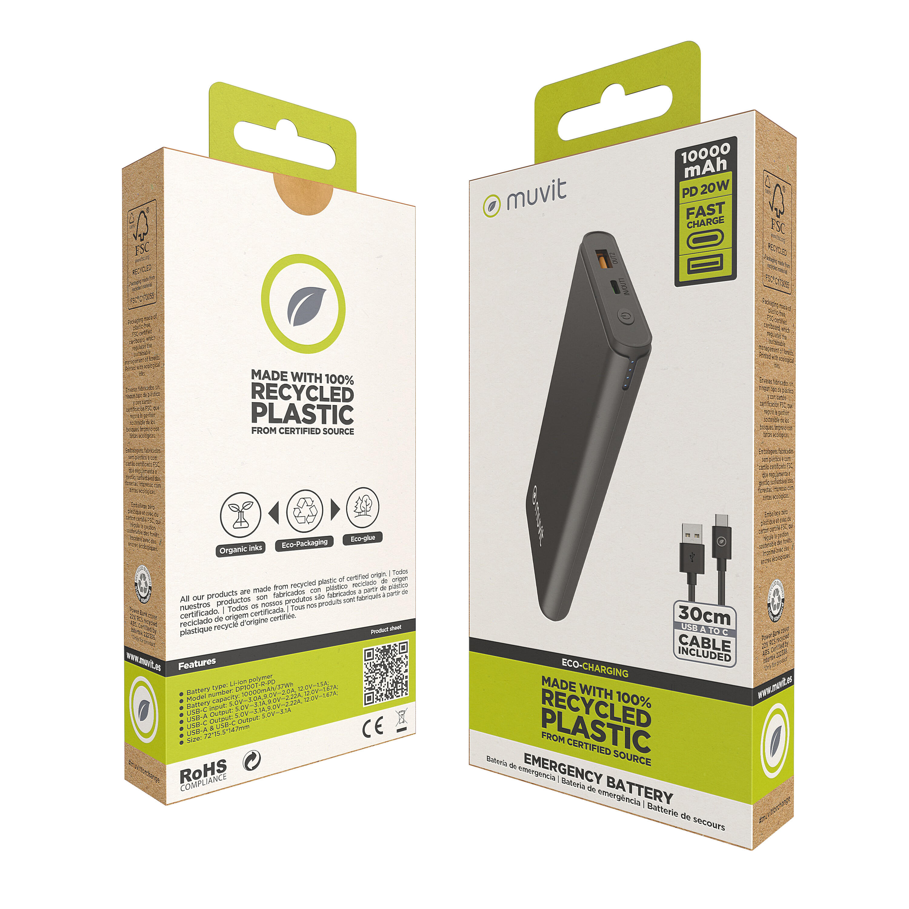 Power bank muvit for change 10000 mAh USB A 2,4A 4/5